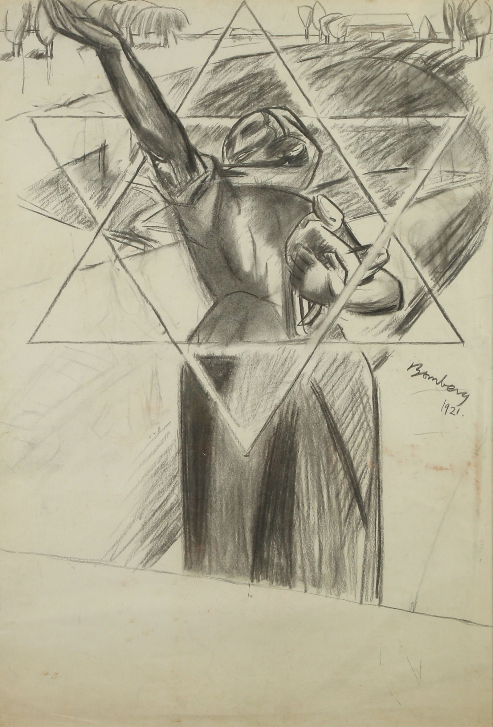 David Bomberg: A Figure and Star of David, 1921, Charcoal and graphite on paper, 62X48 cm. Signed and dated. Provenance: The art collection of the poet Nathan Zach.