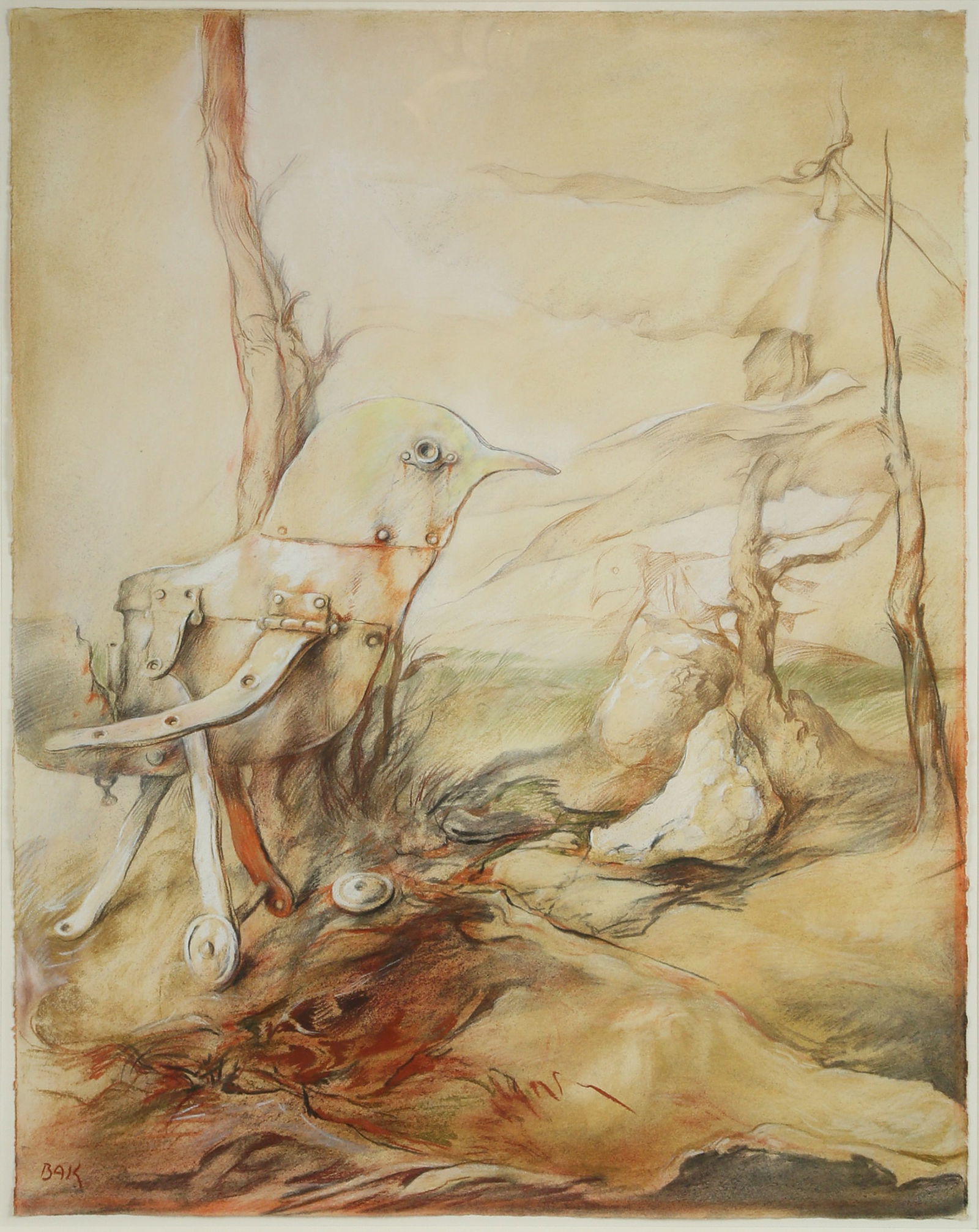 Samuel Bak b. 1933: Bird, Pastel and sepia on paper, 65x50 cm. Signed.