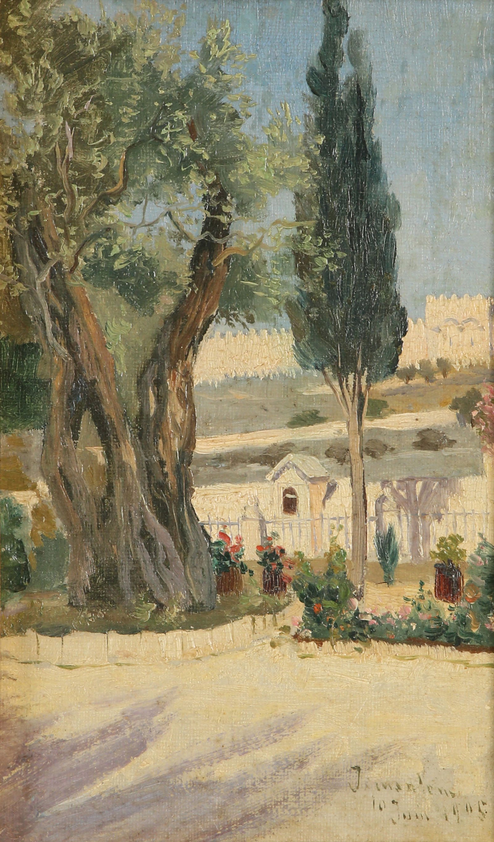 Paul Ansaldi 1875-1914: The Walls of Jerusalem, 1905, Oil on canvas, 26x15 cm. Signed and dated. Provenance: The art collection of the poet Nathan Zach.