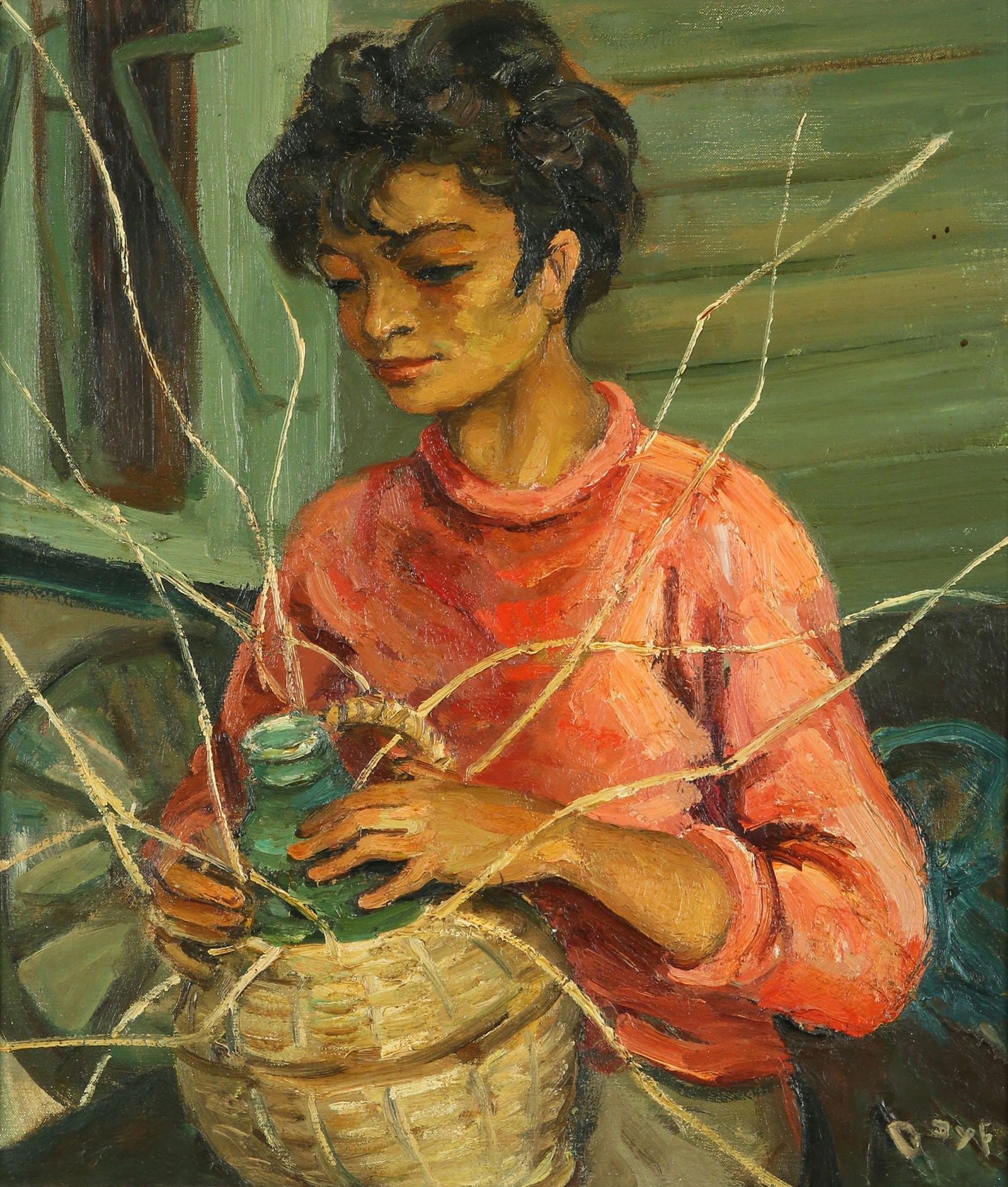 Marcel Dyf: Girl with a Basket, Oil on canvas, 55x46 cm. Signed.