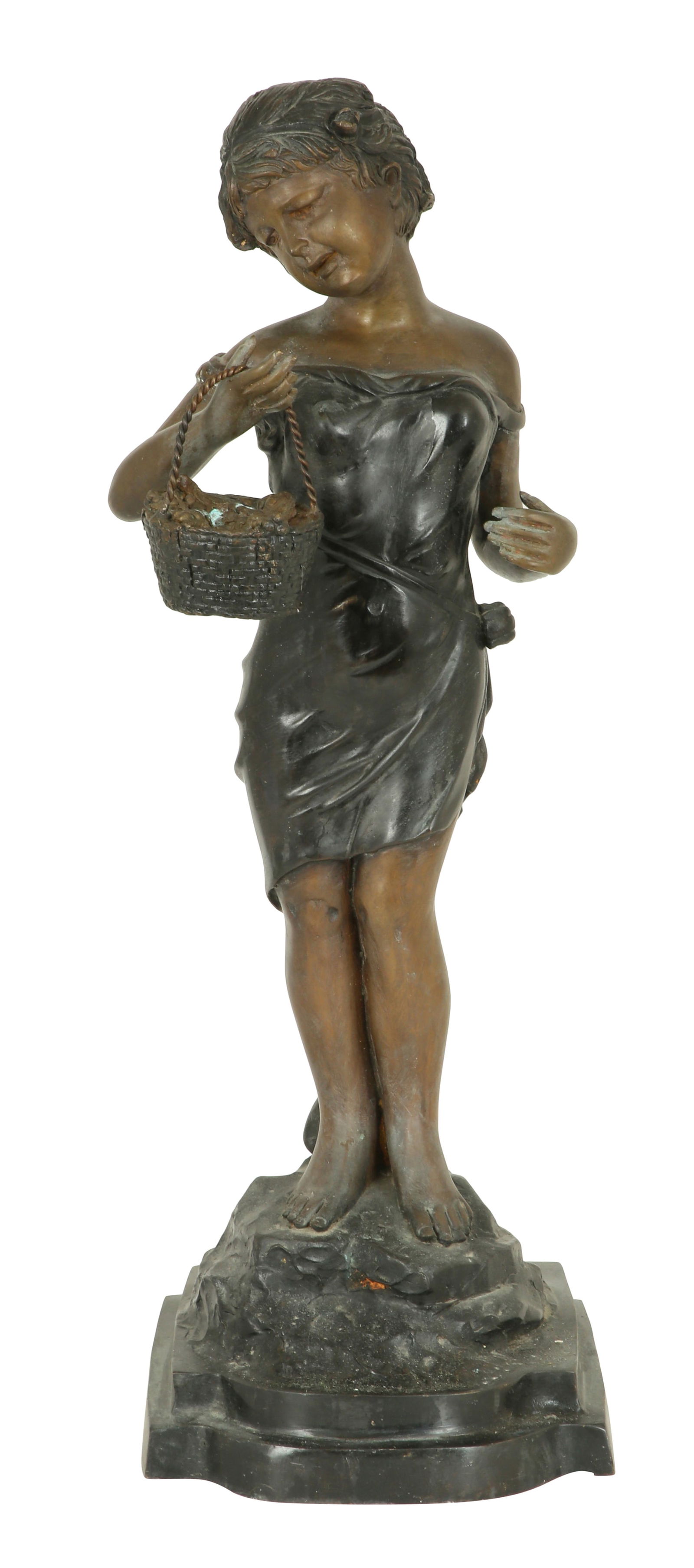 GIRL WITH A BASKET - BRONZE SCULPTURE: 20th century. After Eugene Marioton. (1854-1933, Germany) Painted with cold paint. Signed K. LANI. Height: 59 cm, base length: 21 cm.