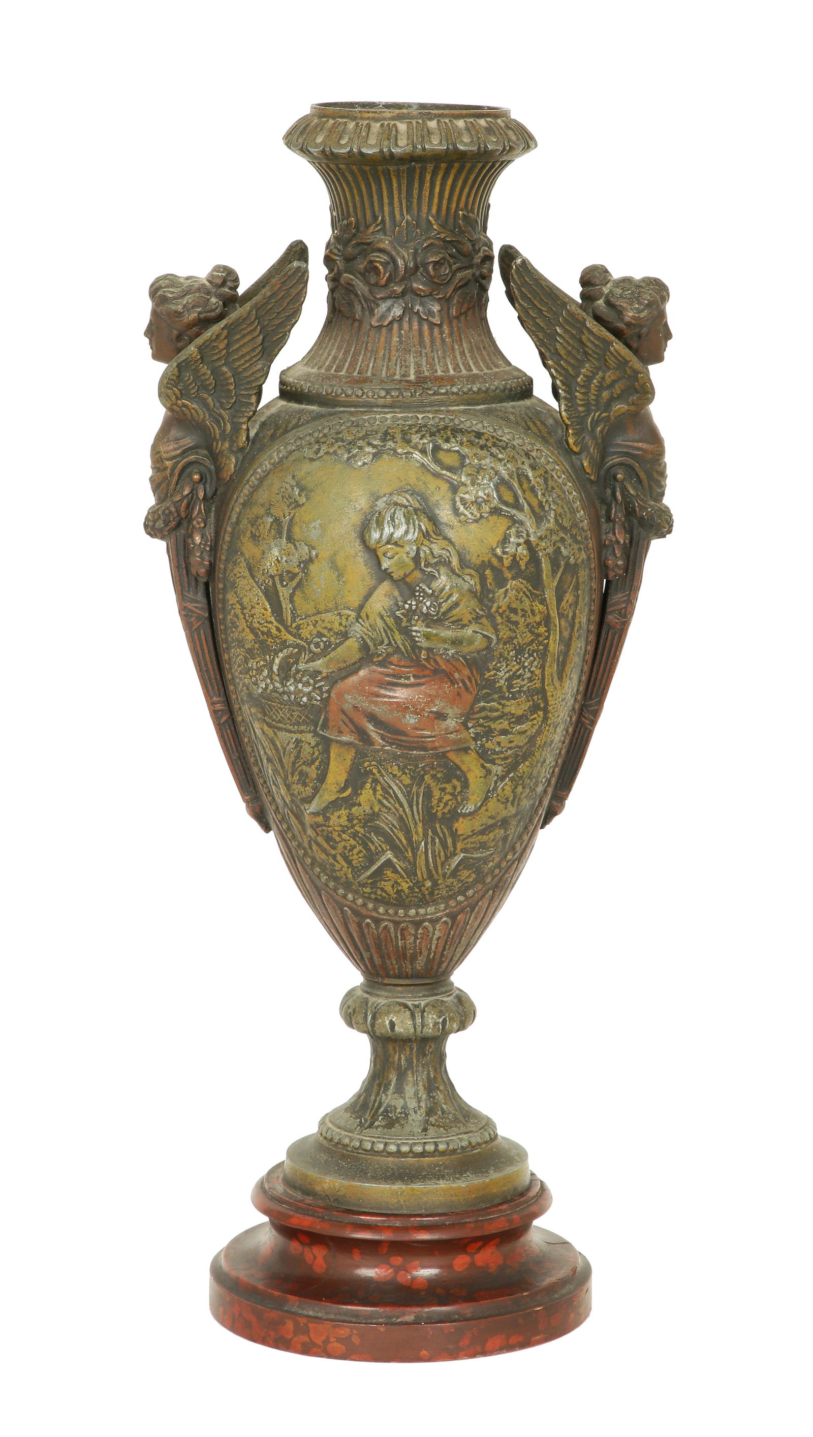 FRENCH SPELTER VASE: Circa late 19th century. Neoclassical style, decorated with handles in the shape of winged women. Set on a wooden base. Signed 'J. Garnier' Height: 44 cm. Width: 19 cm.