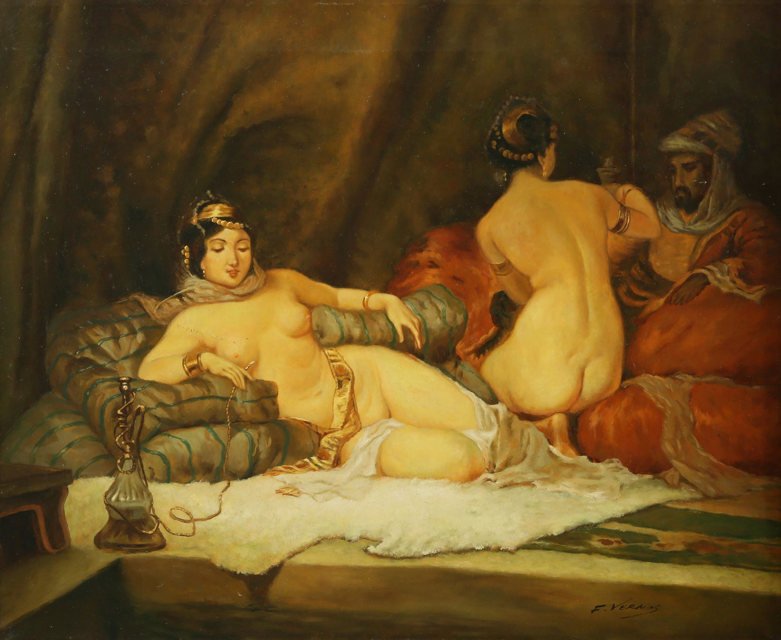 F. VERNOS - 'HAREM SCENE': Oil on canvas. Late 19th century, after Jean-Leon Gerome (France, 1824-1904). Signed. 49x60 cm.