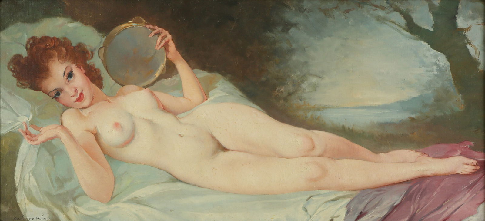 MARIA SZANTHO (1897-1998) - RECLINING WITH TAMBOURINE: Oil on canvas. 20th century, Hungary. Signed. 44X100 cm.