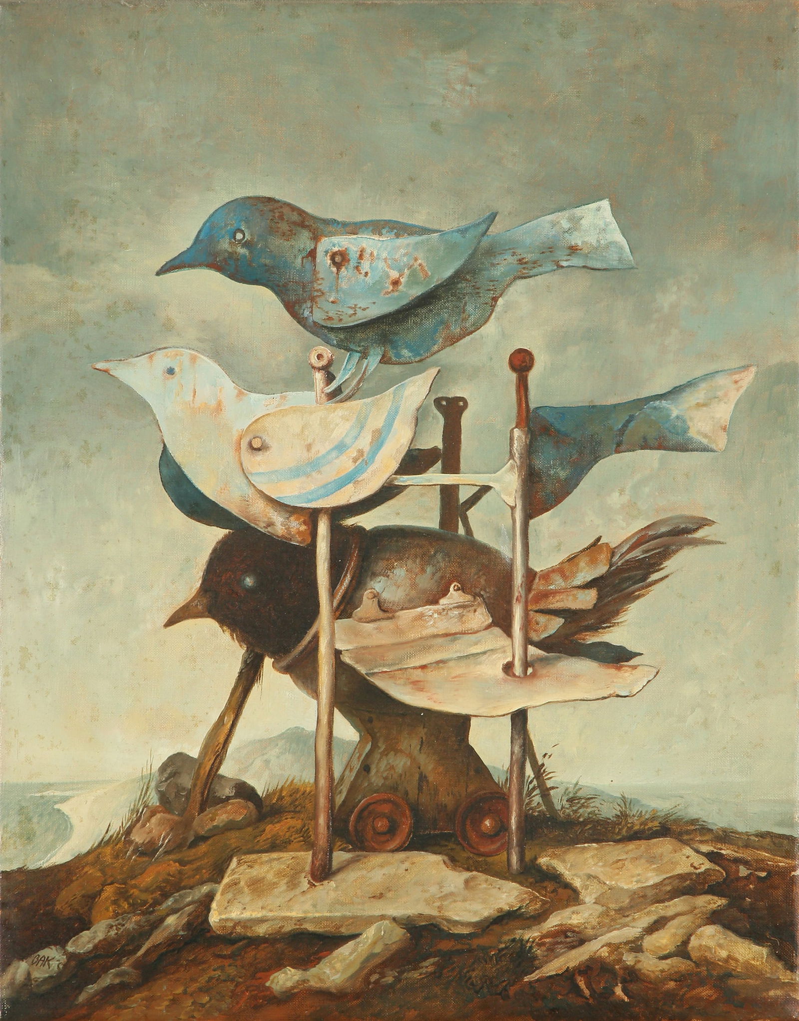 Samuel Bak: Pigeons, Oil on canvas, 35x27 cm. Signed.