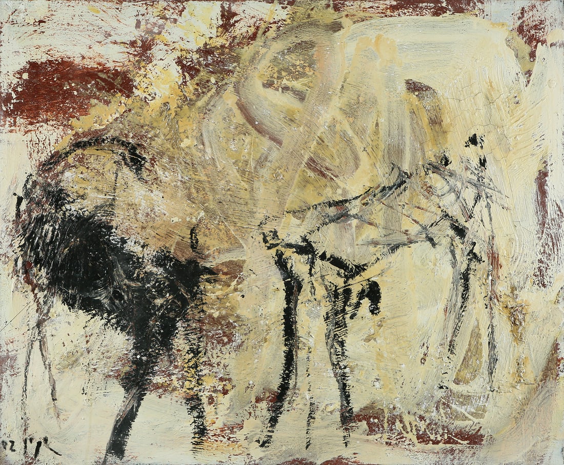 Eran Shakine: Goats, 1999-2002, Oil on canvas, 98x120 cm. Signed and dated. Signed and dated on the reverse.