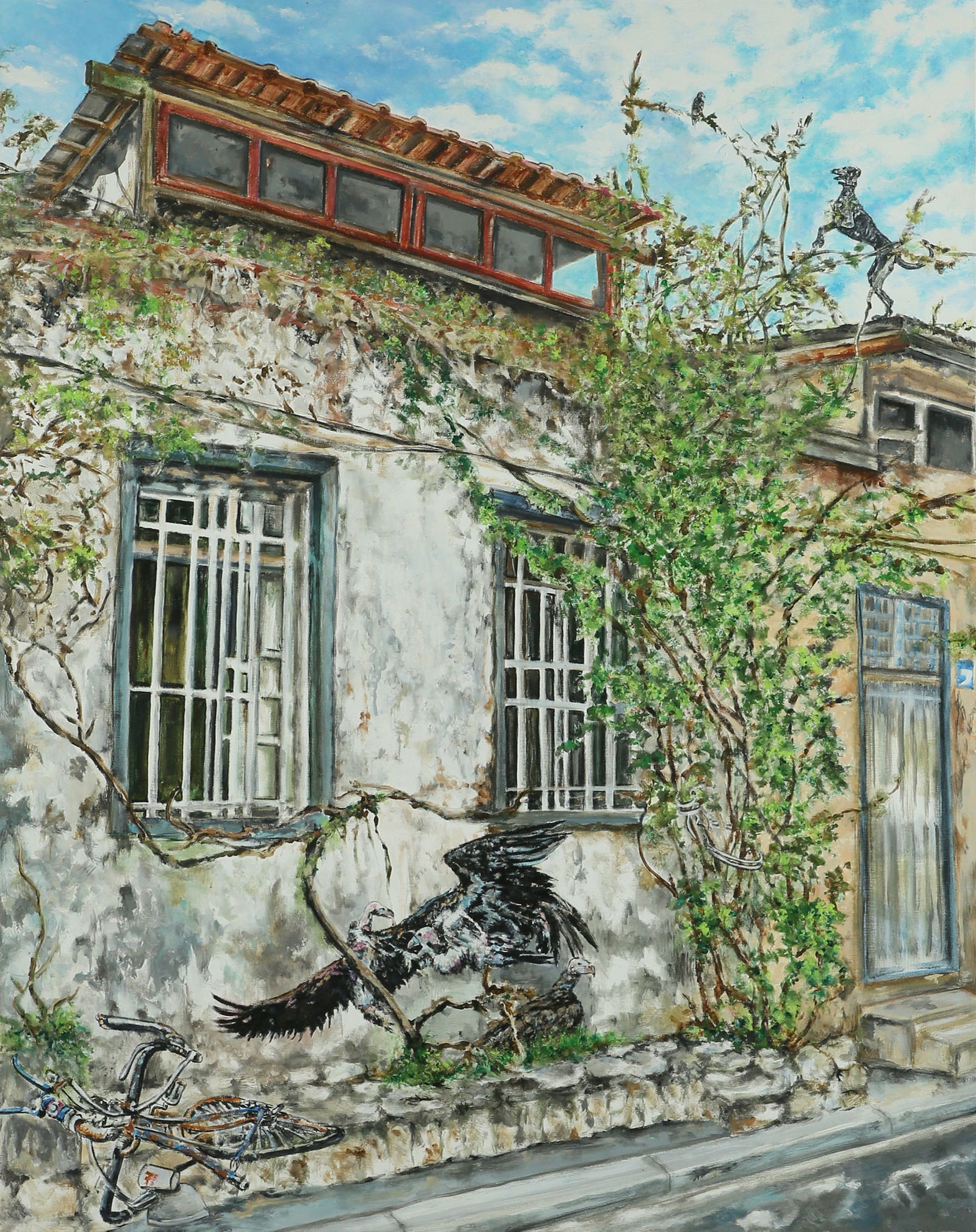 Shay Kun: House with Vegetation, 2005, Oil on canvas, 124x96 cm. Signed and dated on the reverse.