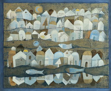 Sami Bris: Village on the River, Oil and mixed media on plywood, 50x60 cm. Signed.