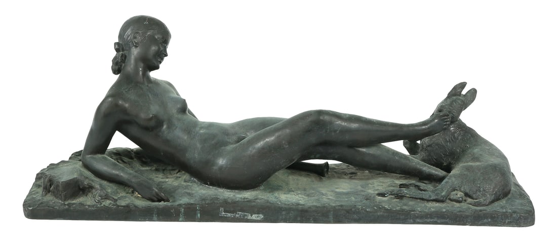 ARY JEAN LEON BITTER (1883-1973) - 'CHLOE' - FRENCH BRONZE SCULPTURE - ART-DECO: Circa 1920. In the form of Nymph and young Deer at her feet. Dark green patina. Signed. Length: 85 cm.
