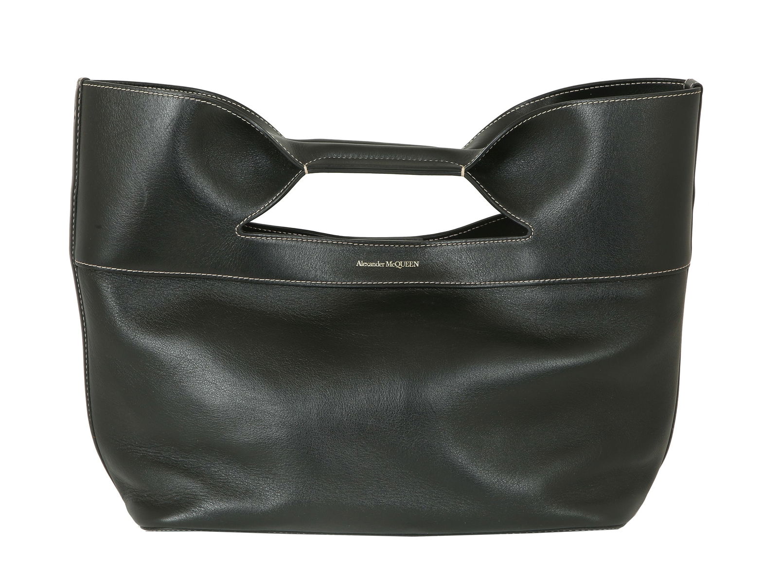 ALEXANDER MCQUEEN: Black leather. embossed brand logo. Adjustable and detachable shoulder strap. Includes inner pouch. Silver-tone metal ornaments. 40x26x15 cm.