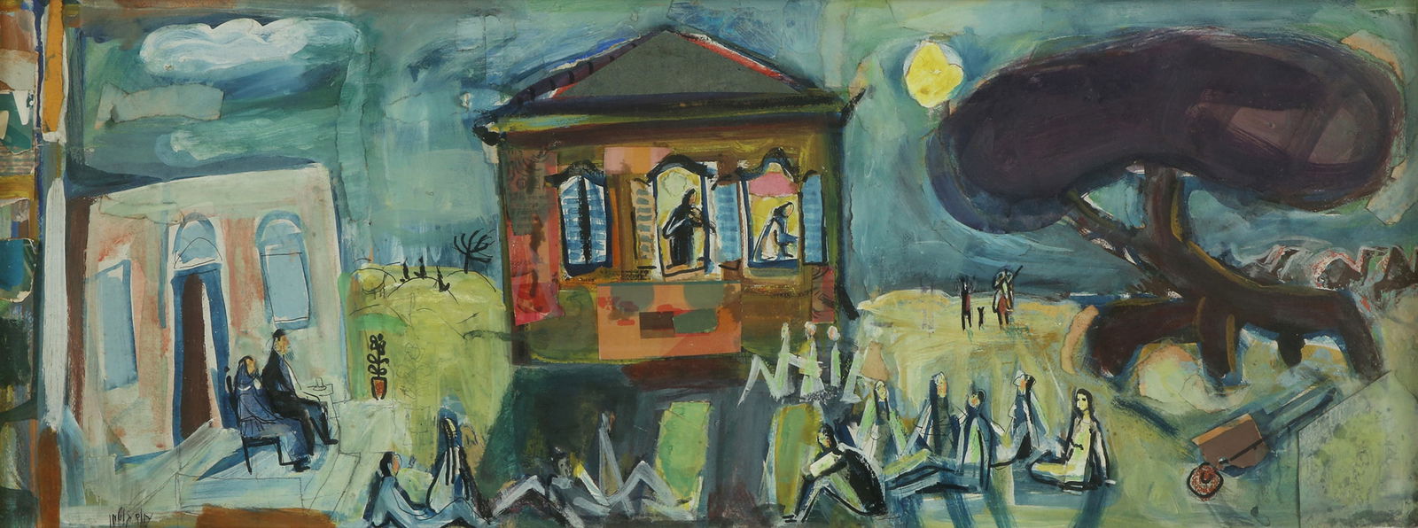 Nachum Gutman 1898 – 1980: Figures in Tel Aviv, Watercolor, gouache and collage on paper, 31x82 cm. Signed. The authenticity of the painting has been confirmed by Prof. Hemi Gutman, the artist’s son.