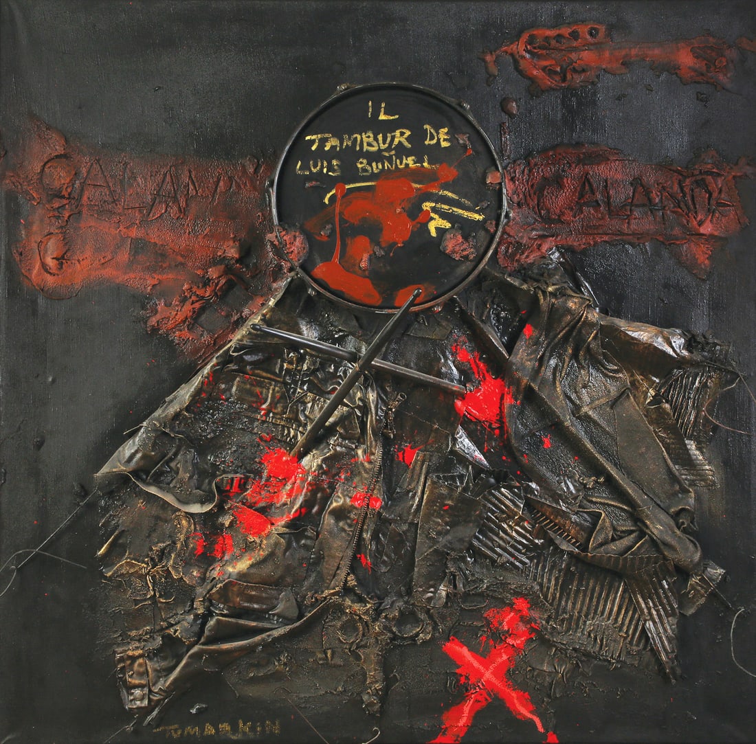 Igael Tumarkin 1933 – 2021: Calanda Aragon, 1999, Oil, metal, drum and collage on canvas, 110X110 cm. Signed. Signed and dated on the reverse.