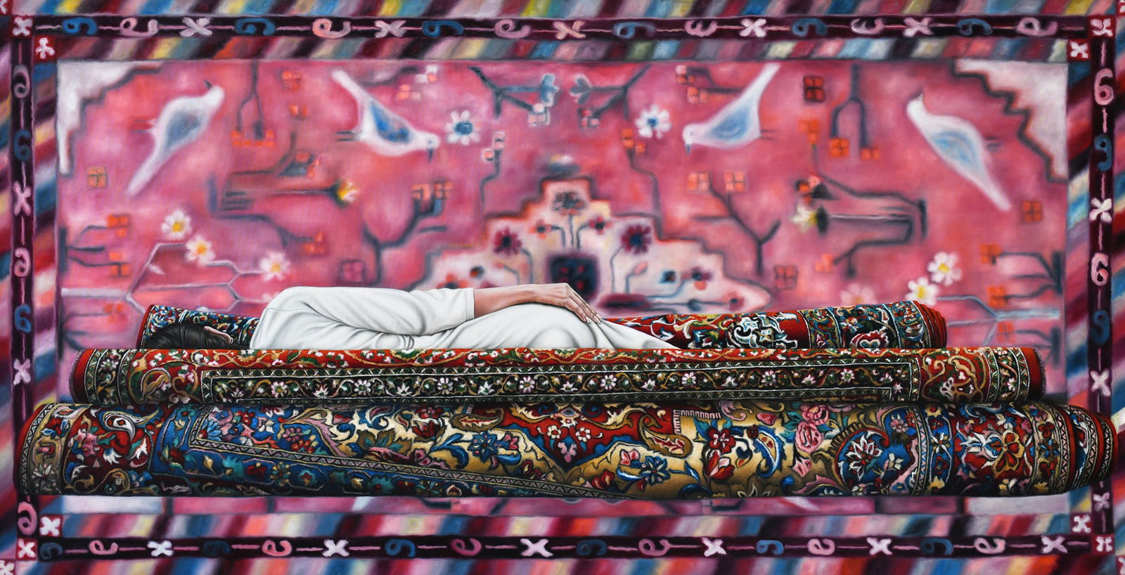 Fatima Abu Roomi b. 1977: Woman Among the Rugs, 2024, oil on canvas, 98x188 cm. Signed and dated on the reverse. Exhibition: Fatima Abu Roomi, Close to Herself, Herzliya Museum of Contemporary Art, Dec. 2024 - June 25.