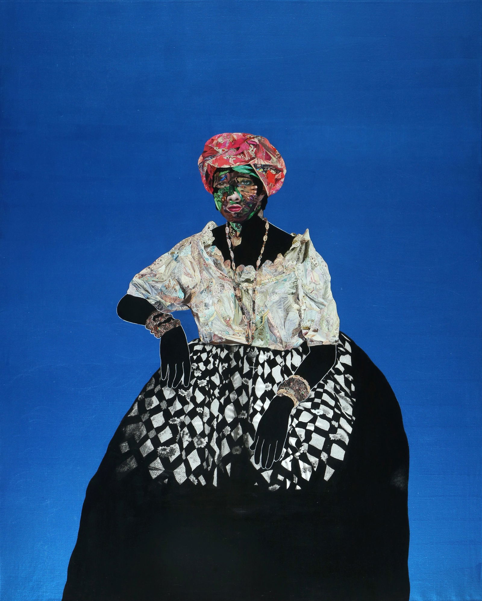 Vitshois Mwilambwe Bondo b. 1981: Untitled, 2021, Acrylic and collage on canvas, 180x145 cm.