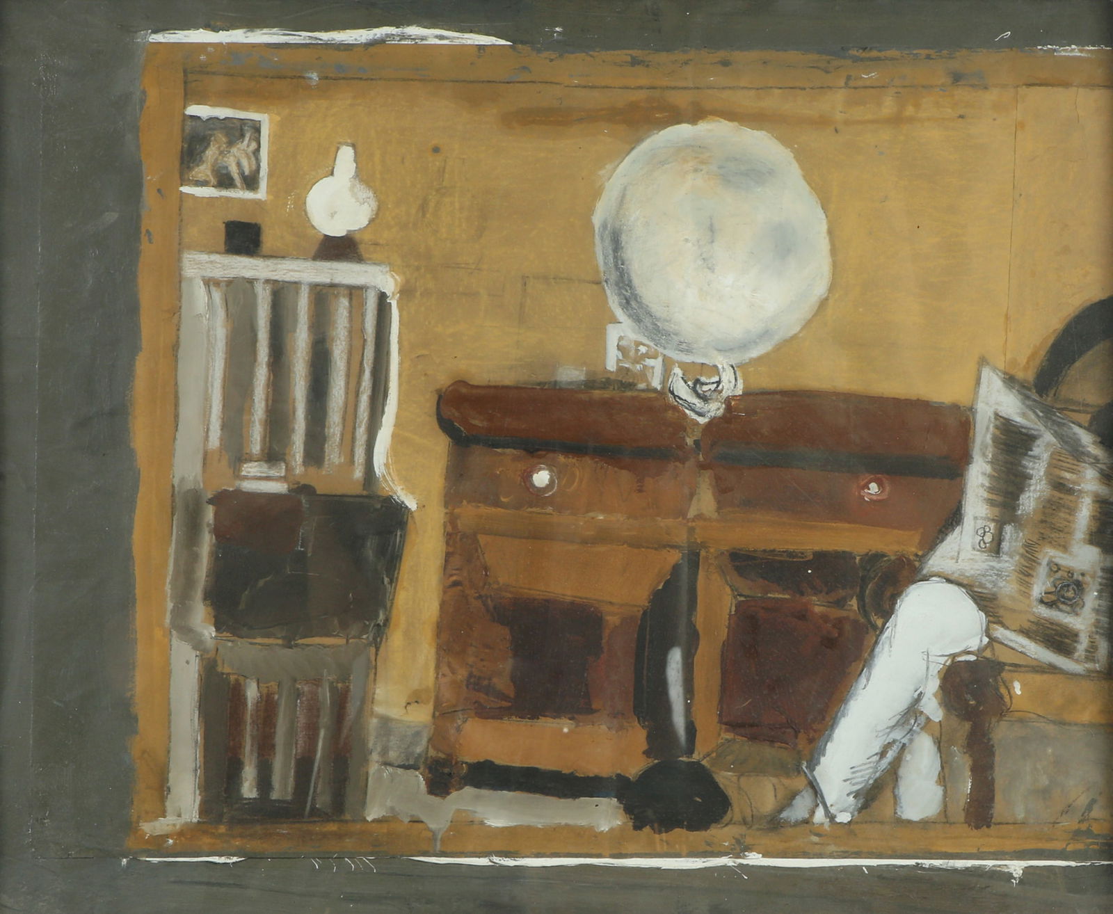 Liliane Klapisch b. 1933: Interior of a House, 1960s, Oil and collage on canvas, 65x80 cm. Signed.