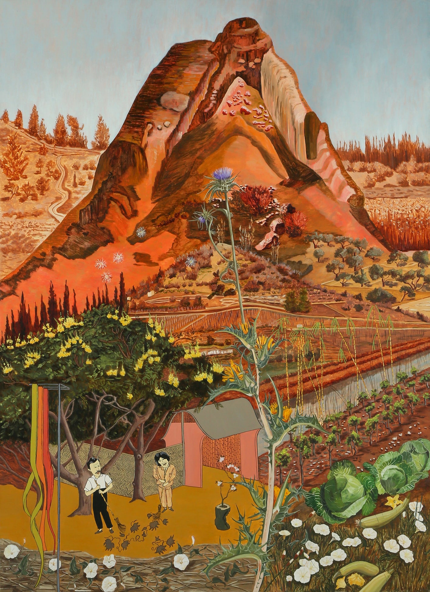 Nurit David b. 1952: Sweeping Dry Leaves, 2005, Oil on canvas, 140x100 cm. Signed, titled and dated on the reverse.