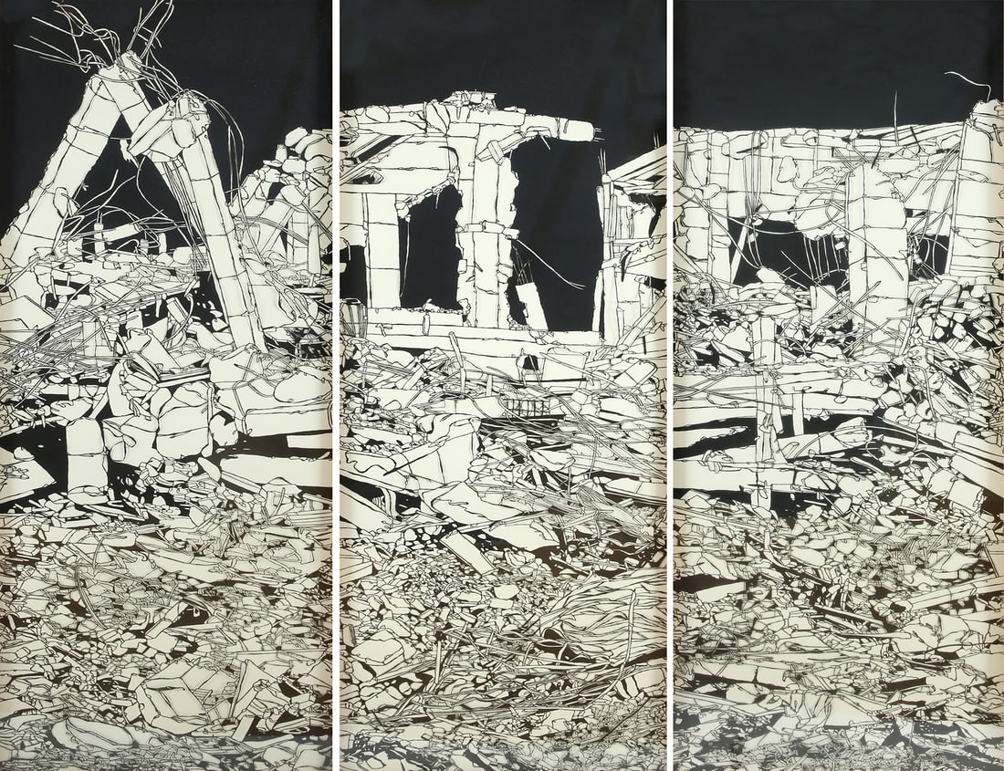 Noa Yekutieli b. 1989: Triptych: Looking at the Wrong Map, 2015, Paper cuts, 150X50 cm. each (Total 150X150 cm). Signed, dated and titled on the reverse.