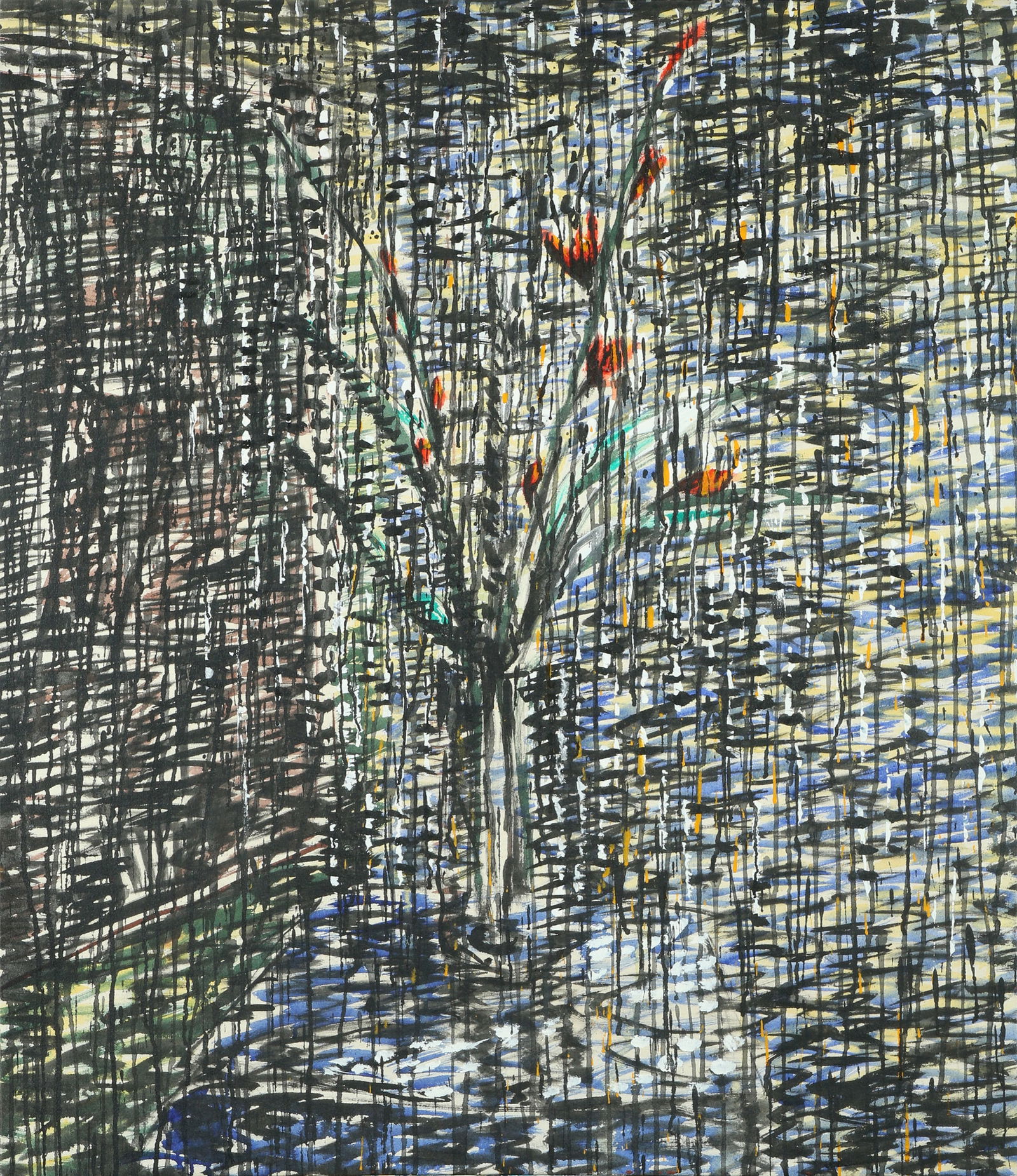 Yehuda Porbuchrai b. 1949: Flowerpot, 1992, Oil and mixed media on canvas, 113x96 cm. Signed and dated on the reverse.