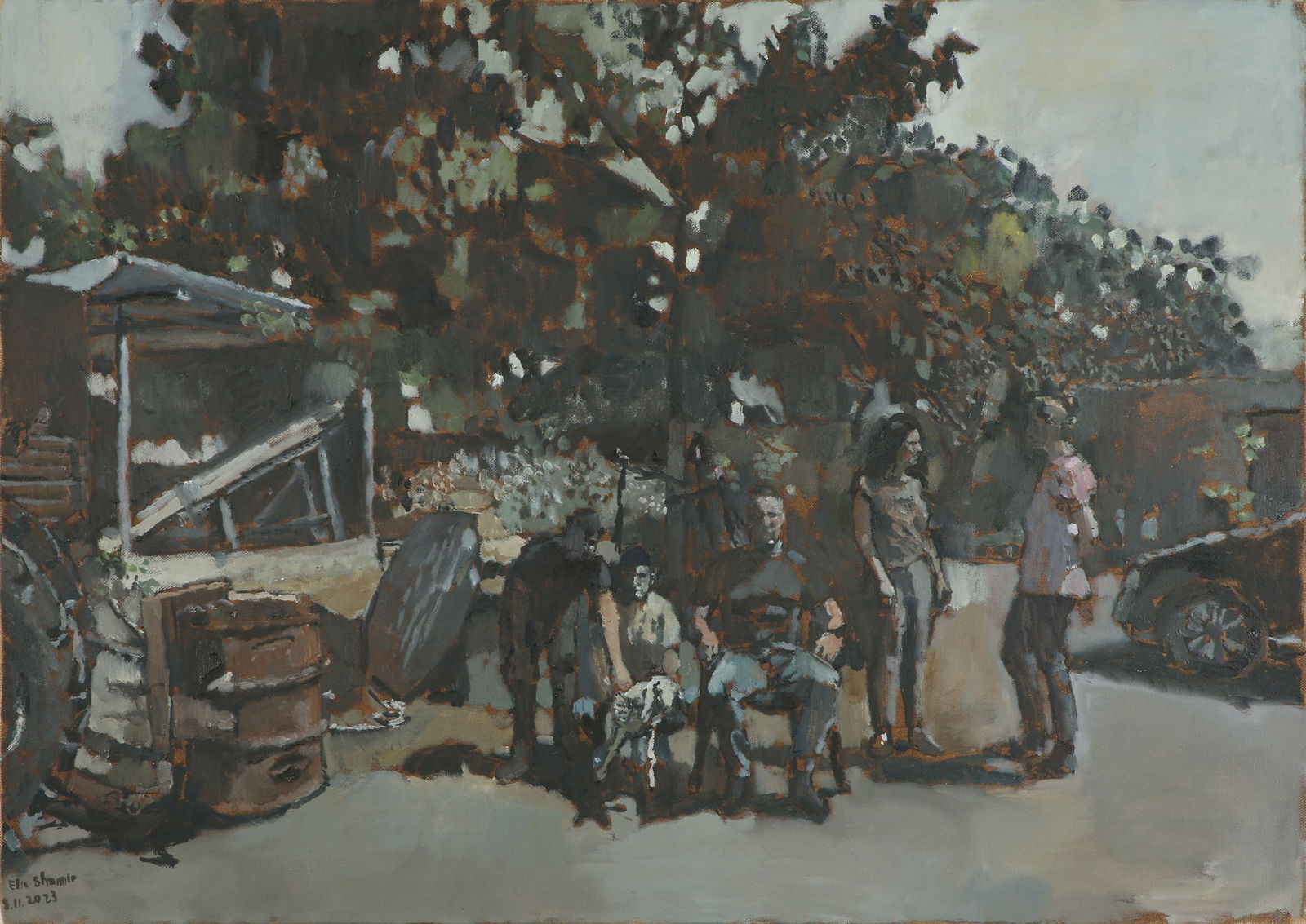 Eli Shamir b. 1953: The Family of Abraham Avinu, 2023, Oil on canvas, 70x100 cm. Signed and dated.
