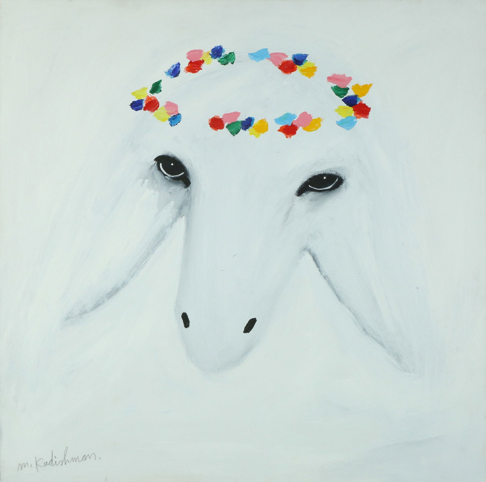Menashe Kadishman 1932 – 2015: White Sheep with a Crown, Acrylic on canvas, 100x100 cm. Signed. Signed on the reverse. The authenticity of the painting was confirmed by the Menashe Kadishman Estate.