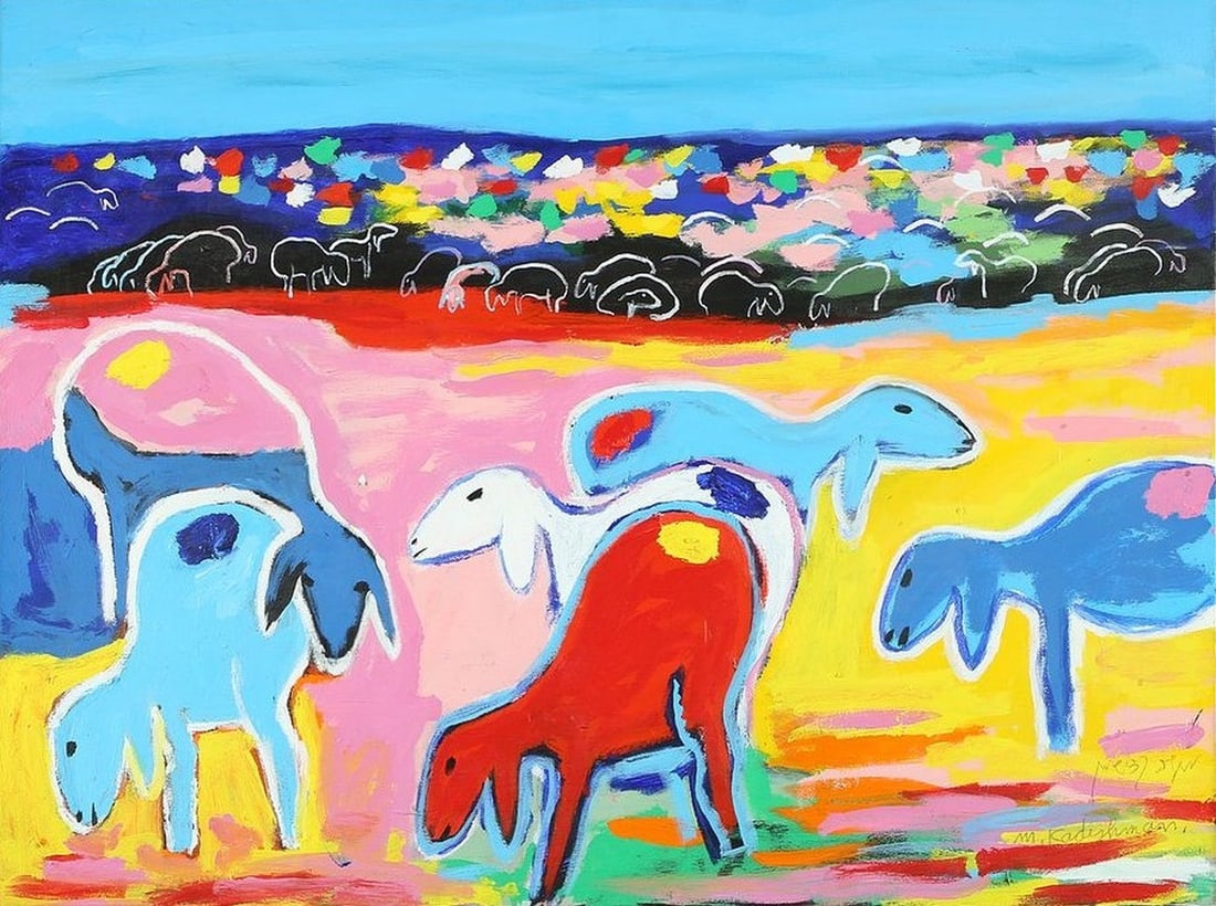 Menashe Kadishman 1932 – 2015: A Flock of Sheep Acrylic on canvas, 90x120 cm. Signed. Signed on the reverse. The authenticity of the painting was confirmed by the Menashe Kadishman Estate.