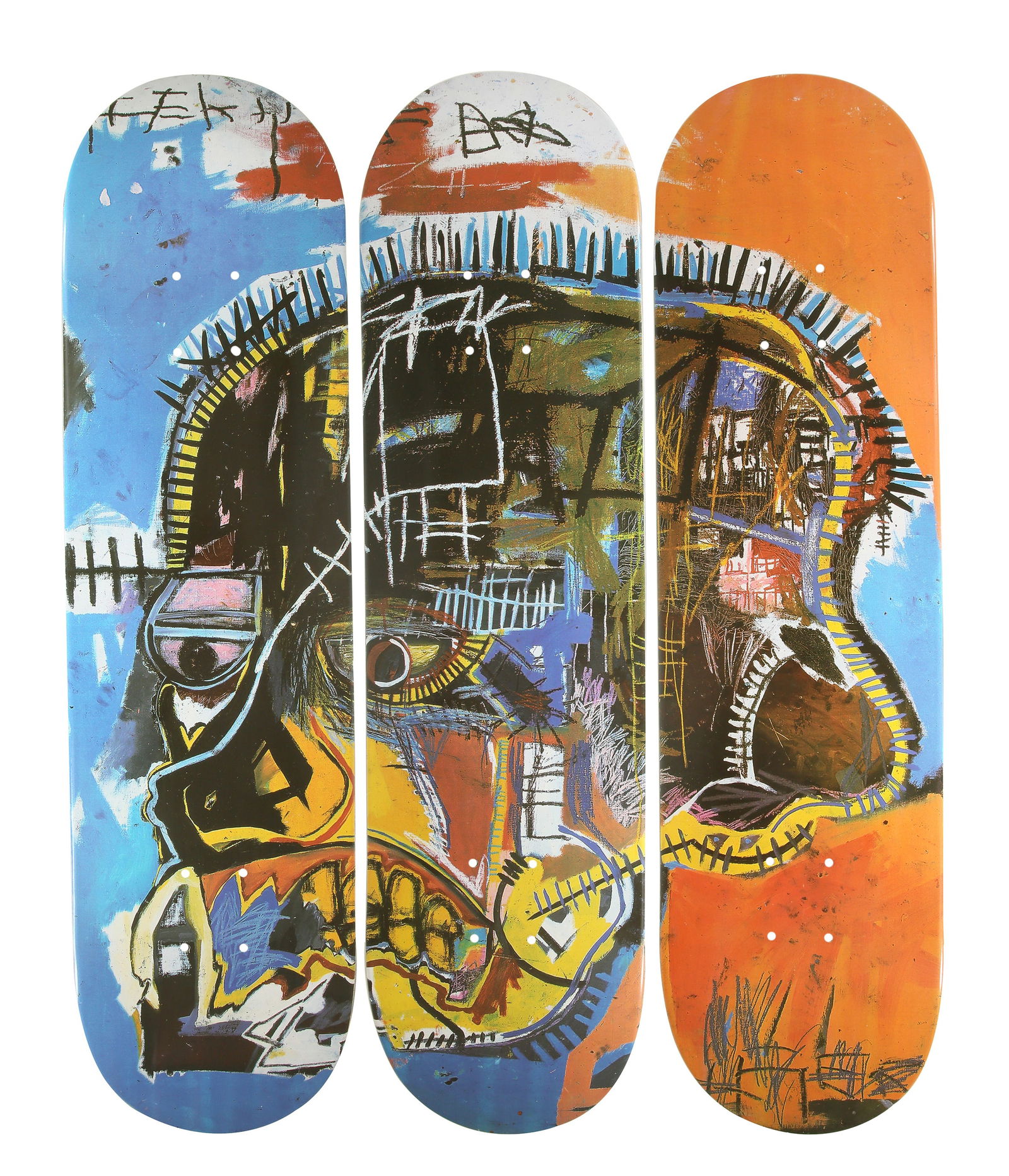 Jean-Michel Basquiat 1960-1988: Three skateboard decks, 80X20 cm. each. Signed and stamped on the reverse.