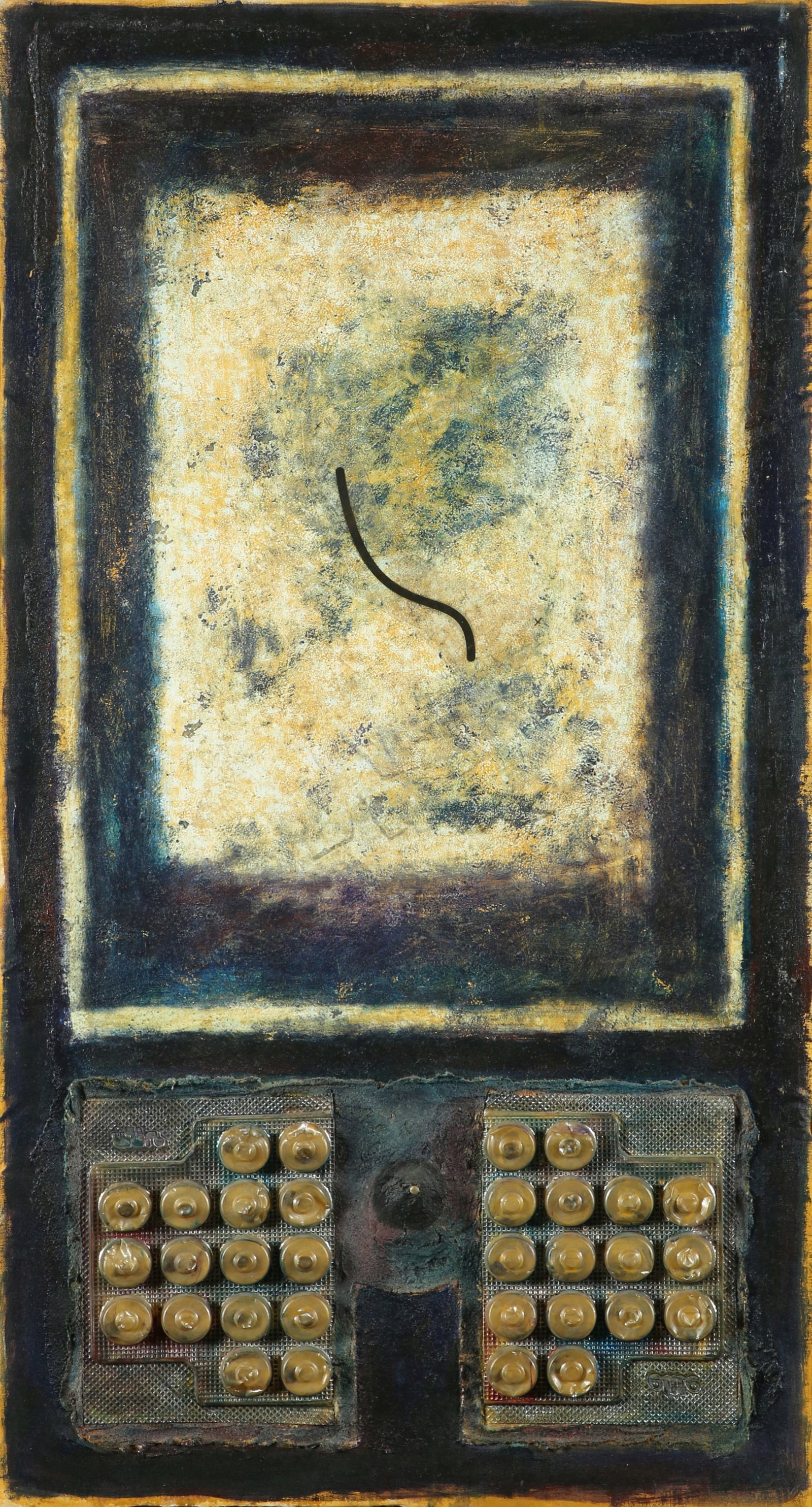 Asad Azi b. 1955: Untitled, Mixed media and collage on canvas, 100x51 cm. Signed.