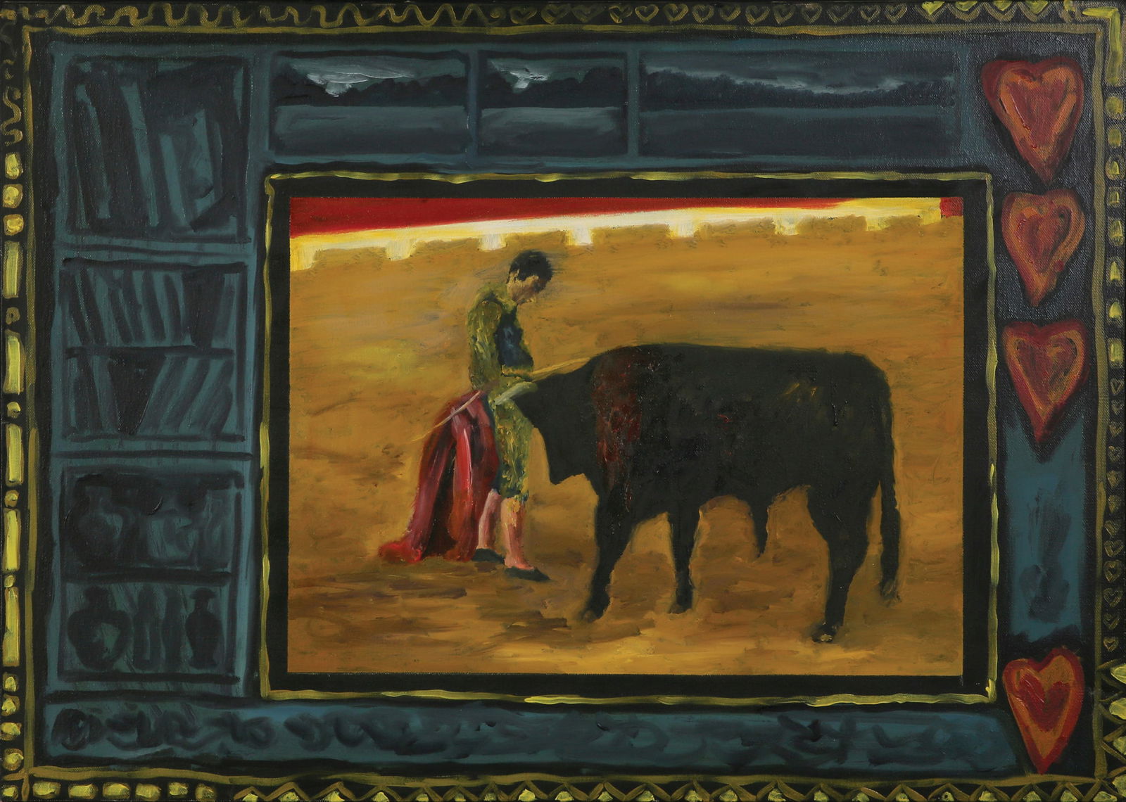 Meir Pichhadze 1955 – 2010: Bullfighter, 1992-1995, Oil on canvas, 50x70 cm. Signed. Signed and dated on the reverse. Provenance: The Estate of Adv. Hanan Shanon. The authenticity of the painting has been confirmed by Dvir
