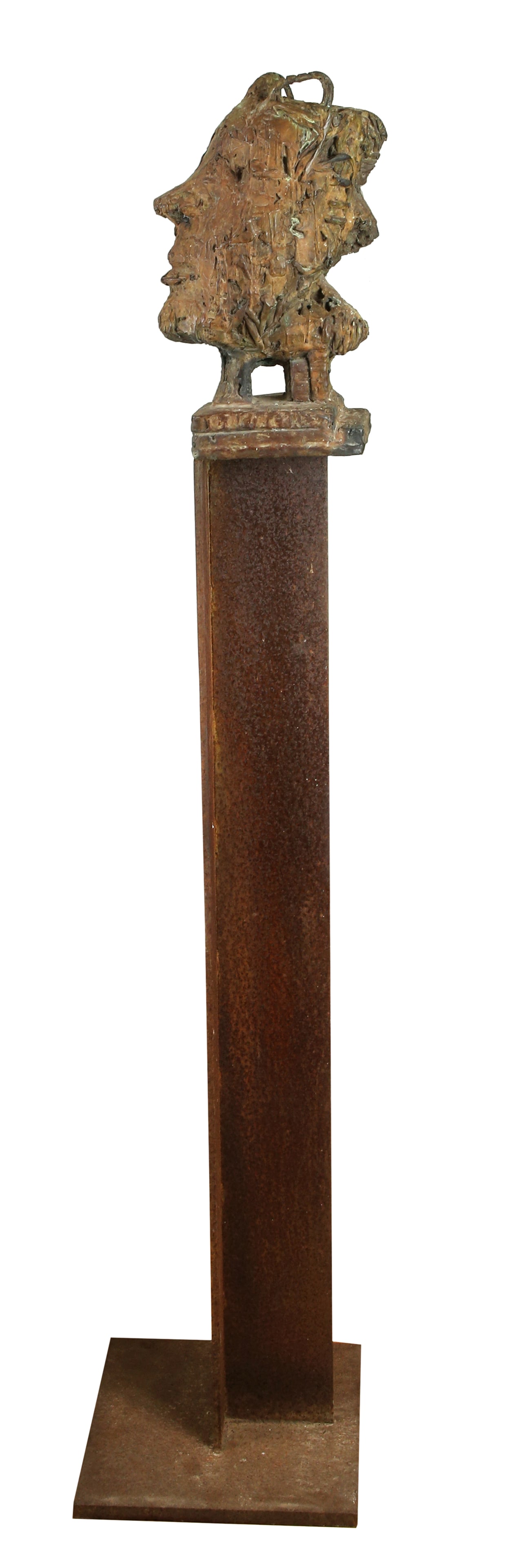 Zvi Lachman b. 1950: Self-Portrait with Glasses, Iron and bronze, full height: 174, Head height: 44 cm. Signed and numbered 2.