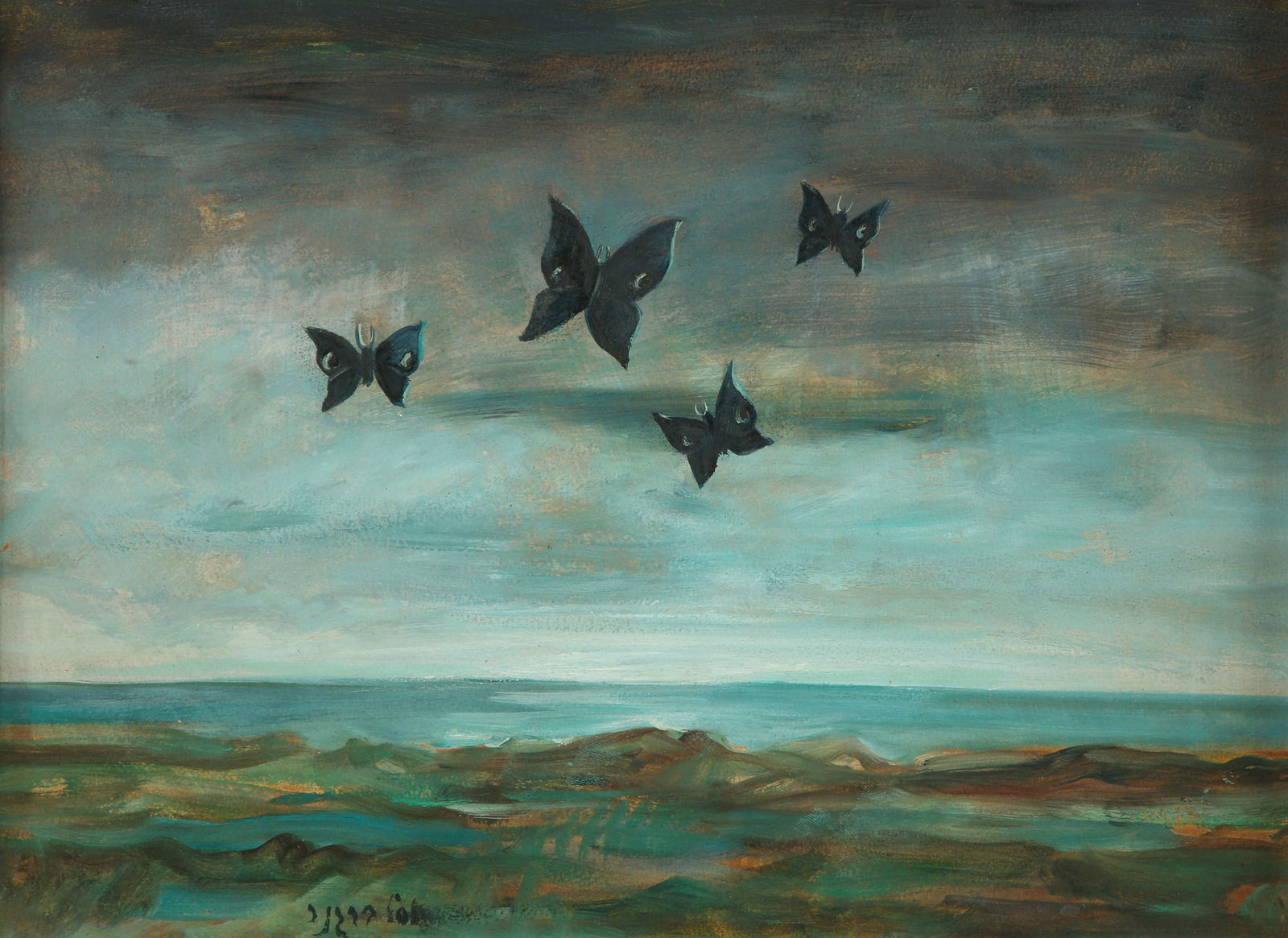 Yosl Bergner 1920 - 2017: Butterflies over the sea, oil on cardboard, 24x34 cm. signed.