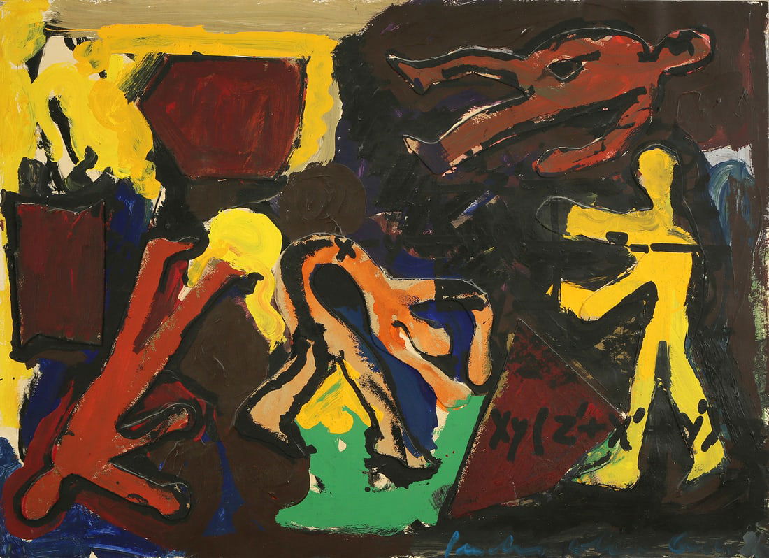 Pinhas Cohen Gan b. 1942: Figures, Oil and collage on canvas, 70x100 cm. Signed.