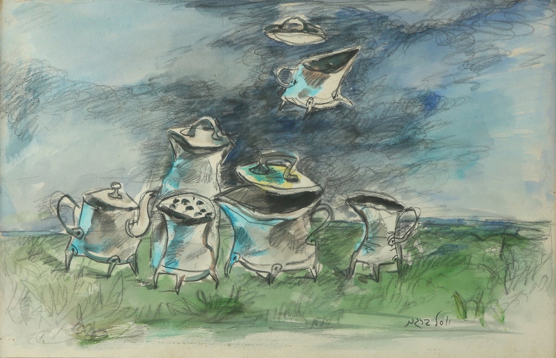 Yosl Bergner 1920 - 2017: Tools, Watercolor and pencil on paper, 31x47 cm. Signed.