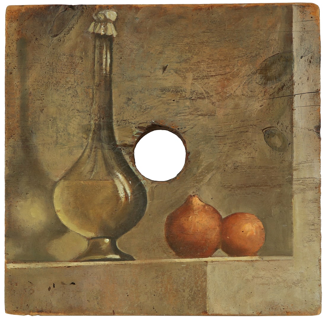 Yigal Ozeri b. 1958: Oil and Onion, 2003, Oil on wood panel, 31x31 cm. Signed, dated and dedicated on the reverse. Provenance: Gaby and Ami Brown Collection.