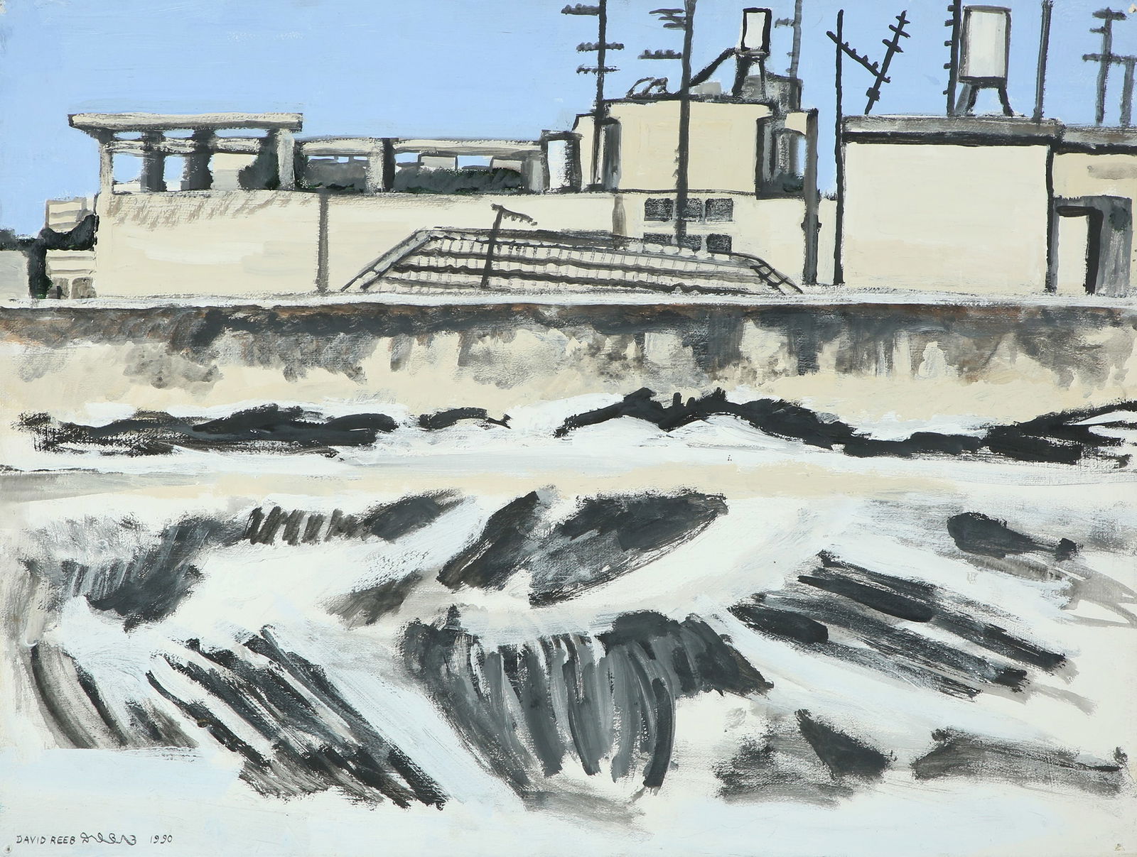 David Reeb b. 1952: Tel Aviv Roofs, 1990, Acrylic on canvas, 60x80 cm. Signed and dated.