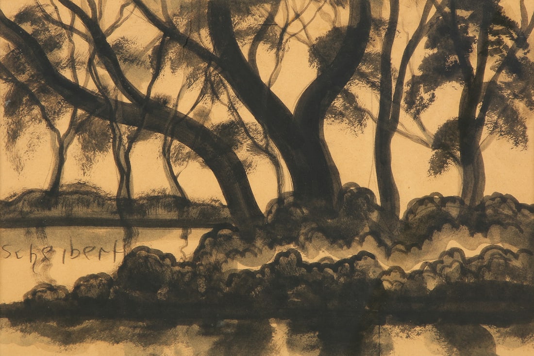 Hugo Scheiber 1873 - 1950: Landscape, Charcoal on paper, 35x50 cm. Signed.