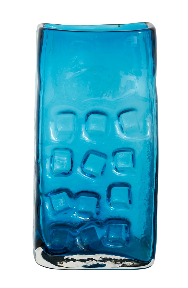 WHITEFRIARS – 'NUTS AND BOLTS', SCANDINAVIAN VASE: Made of rectangular blue glass, designed by Geoffrey Baxter. height: 26.5 cm.