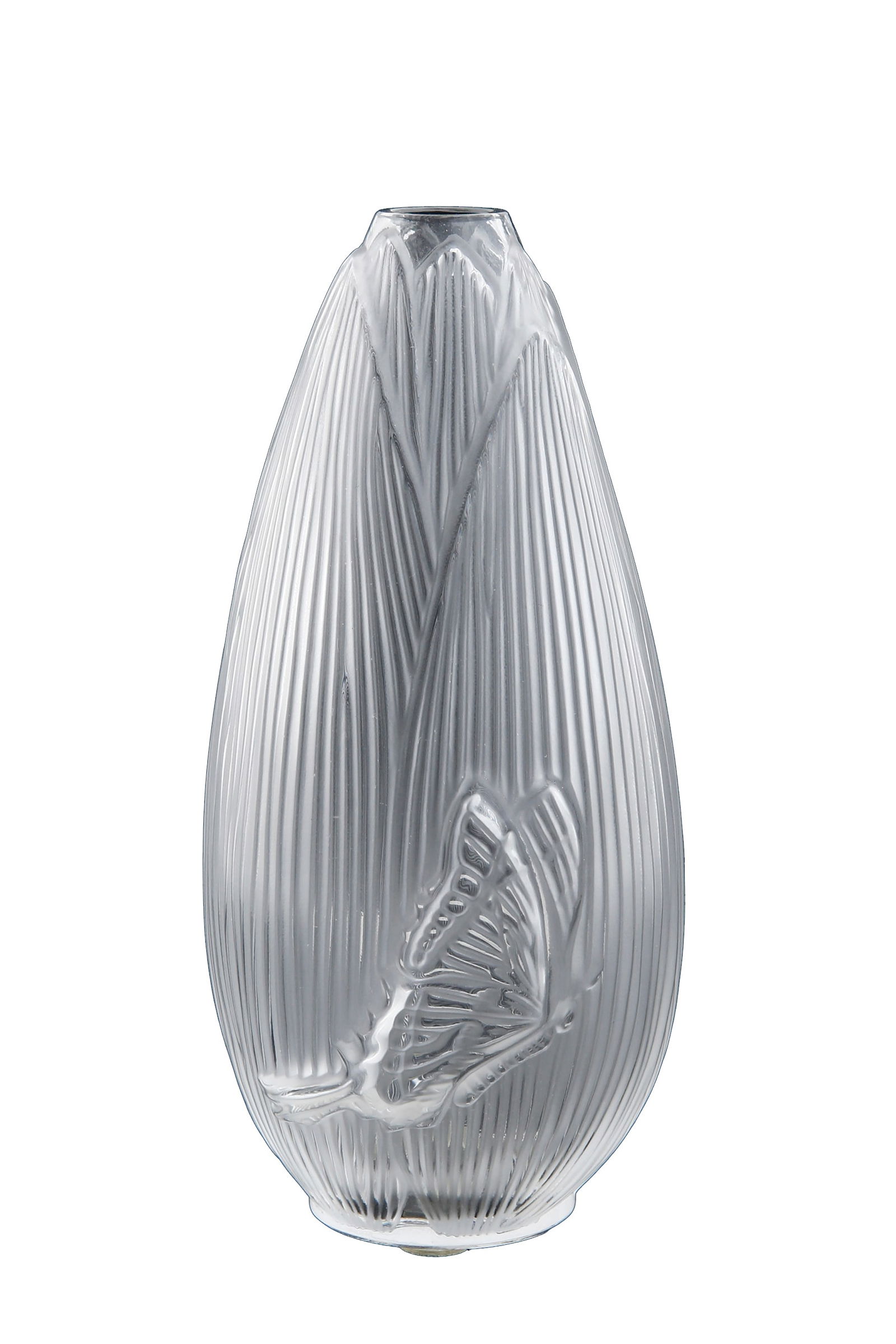 LALIQUE. FRENCH “COEUR DE FLEUR?? CRYSTAL SOLIFLORE VASE: Decorated with a relief of a butterfly against a lotus leaf background, on frosted glass. Signed. Height: 16 cm.