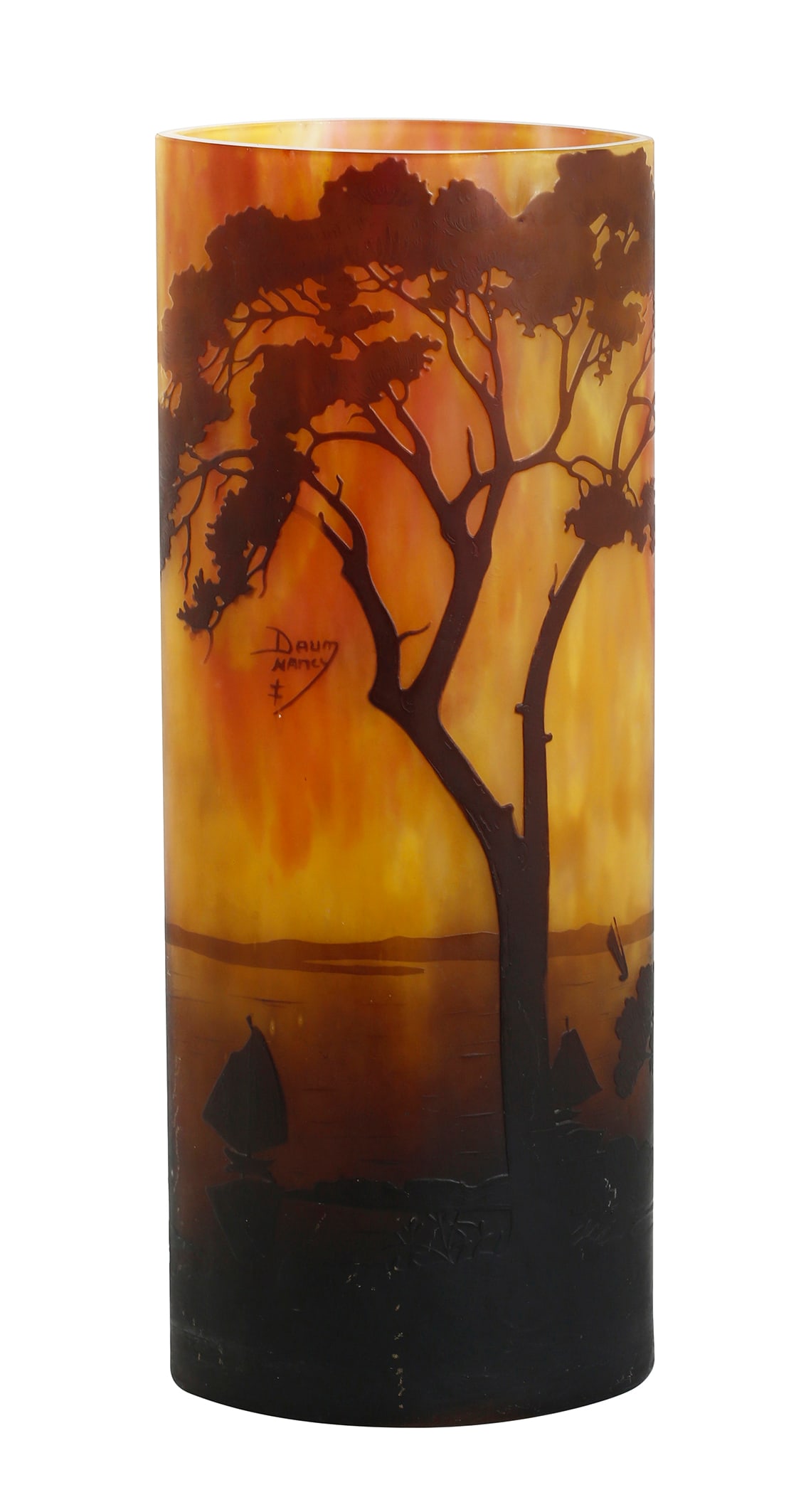 DAUM NANCY – FRENCH CAMEO GLASS VASE: 1905-1910 circa. Decorated with a landscape featuring a lake, boats, and trees engraved on a mottled yellow and ochre background. Signed, including Lorraine cross in cameo. Height: 33 cm. Minor Chip.