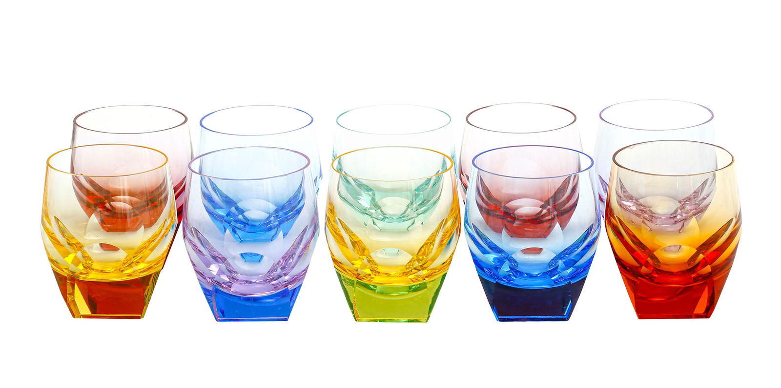 MOSER. SET OF 10 CRYSTAL GLASSES: Bar glasses in various colors. Signed. Height: 10.5 cm.