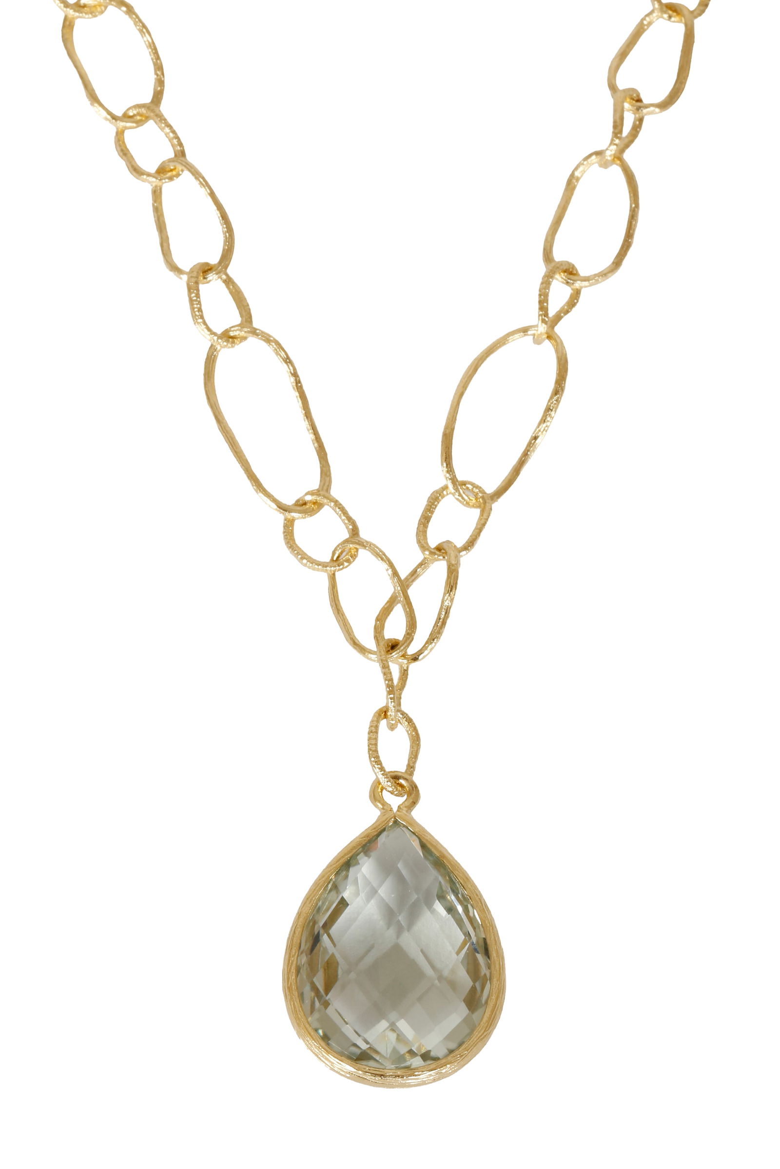 14K GOLD PENDANT: Set with a green amethyst in a drop cut, including a graduated oval link necklace. Length of necklace approx. 44 cm. Length of pendant approx. 2.8 cm. Weight approx. 17.2 grams.