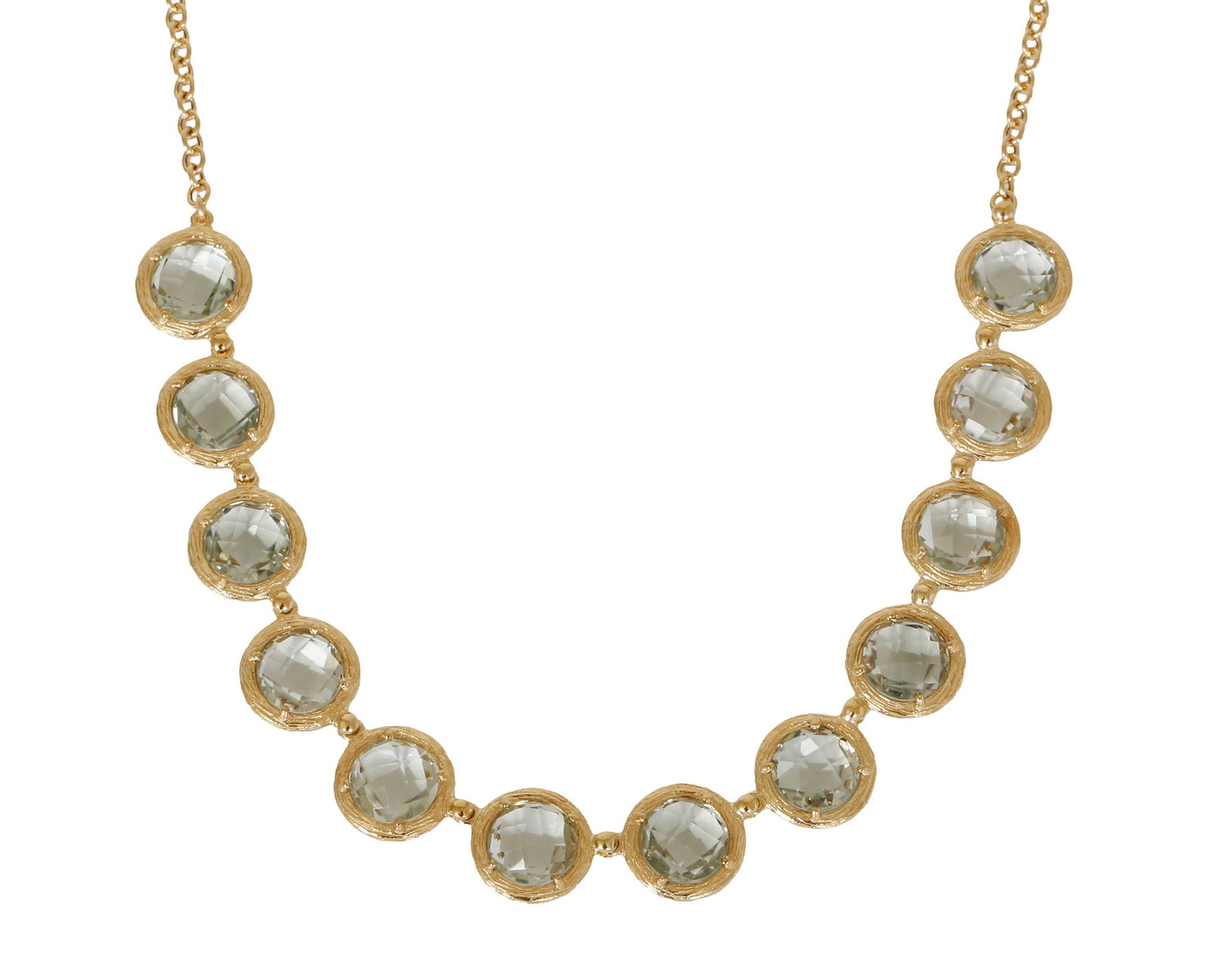 18K GOLD NECKLACE: Composed of round links set with green amethysts in a briolette cut. Weight approx. 17.8 grams.