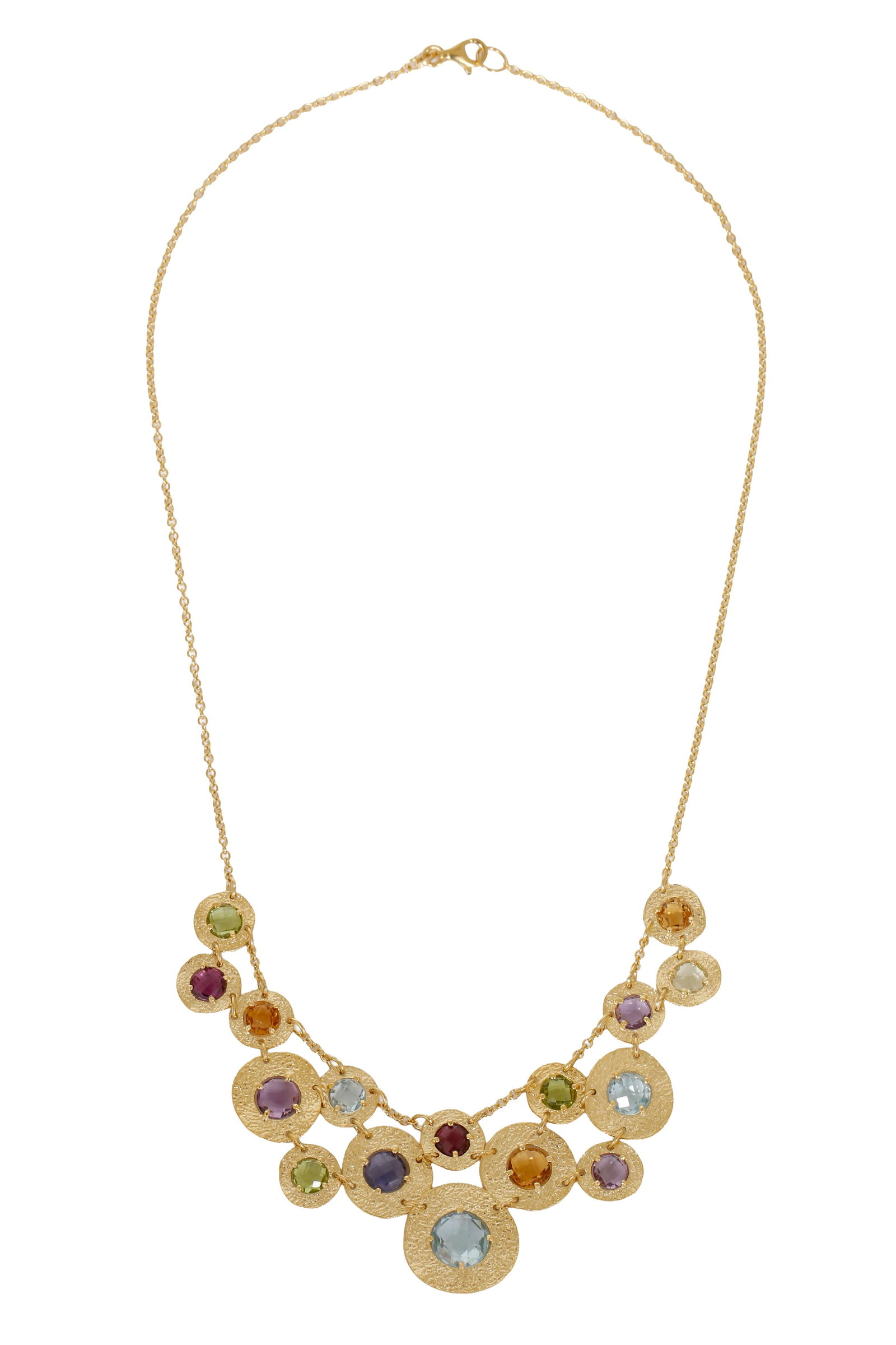 14K GOLD BRACELET: Composed of graduated gold links, round, decorated and set with various charming gemstones. Weight approx. 12.5 grams.