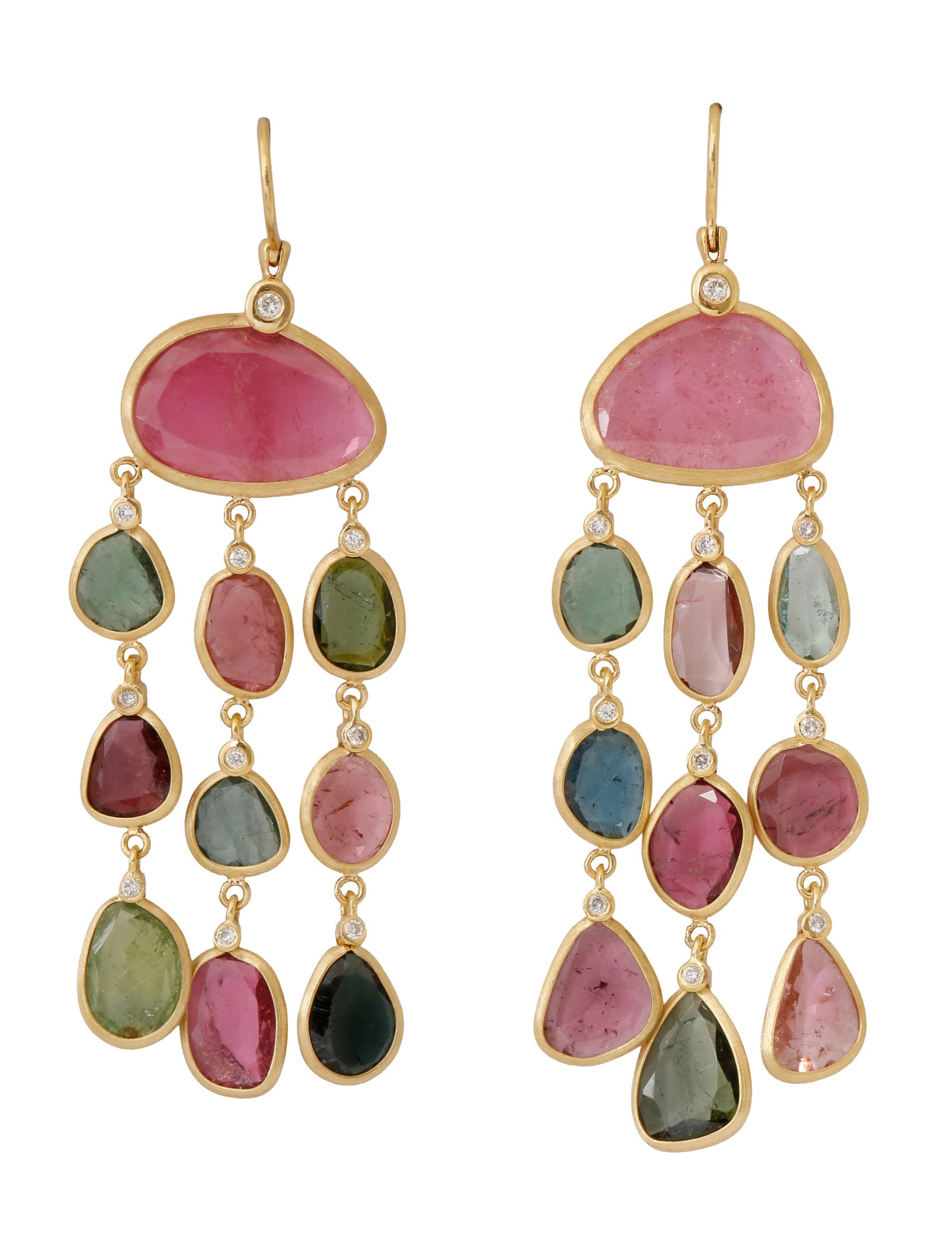 18K GOLD EARRINGS: Set with pink and green tourmaline stones and graduated small diamonds with a total weight of approx. 0.22 ct. Length approx. 6.3 cm. Weight approx. 6.4 grams.