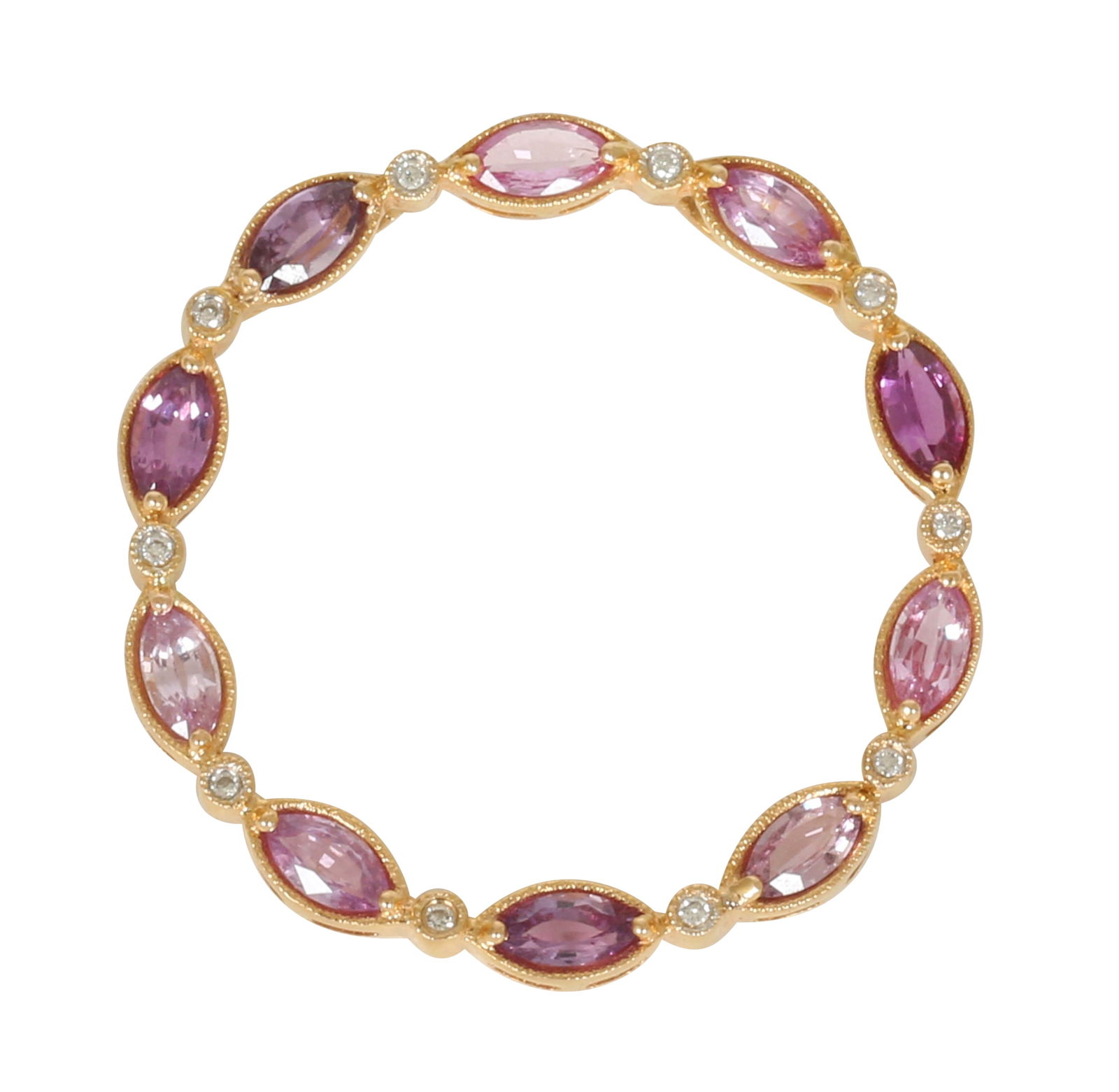 14K ROSE GOLD PENDANT: Round element, set with pink sapphires and diamonds alternately. Diameter approx. 3.3 cm. Weight approx. 5.5 grams.