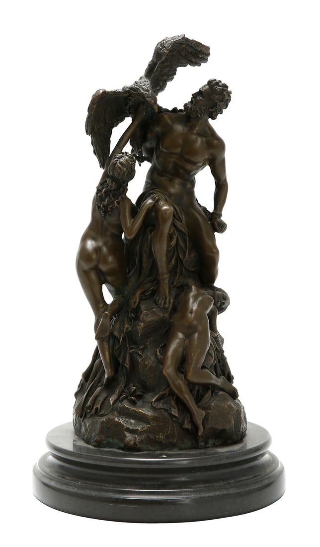 AFTER EDUARD MULLER (1828–1895) – “Prometheus Bound and the Oceanids: German bronze sculpture, Brown patina. Mounted on a black marble base. Height: 34 cm.