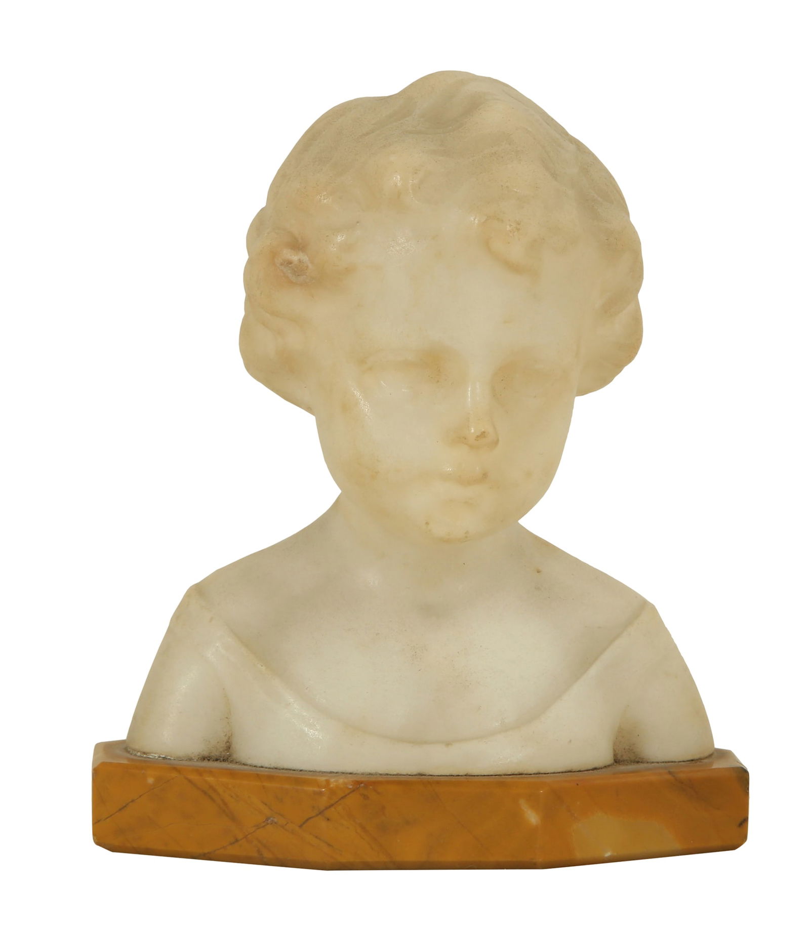 J. FREDERICK – BUST OF A GIRL, ALABASTER FIGURINE: 20th century. Probably Italian. Neoclassical style. Mounted on an Alabastro Giallo base. Signed. Overall height: 11 cm.