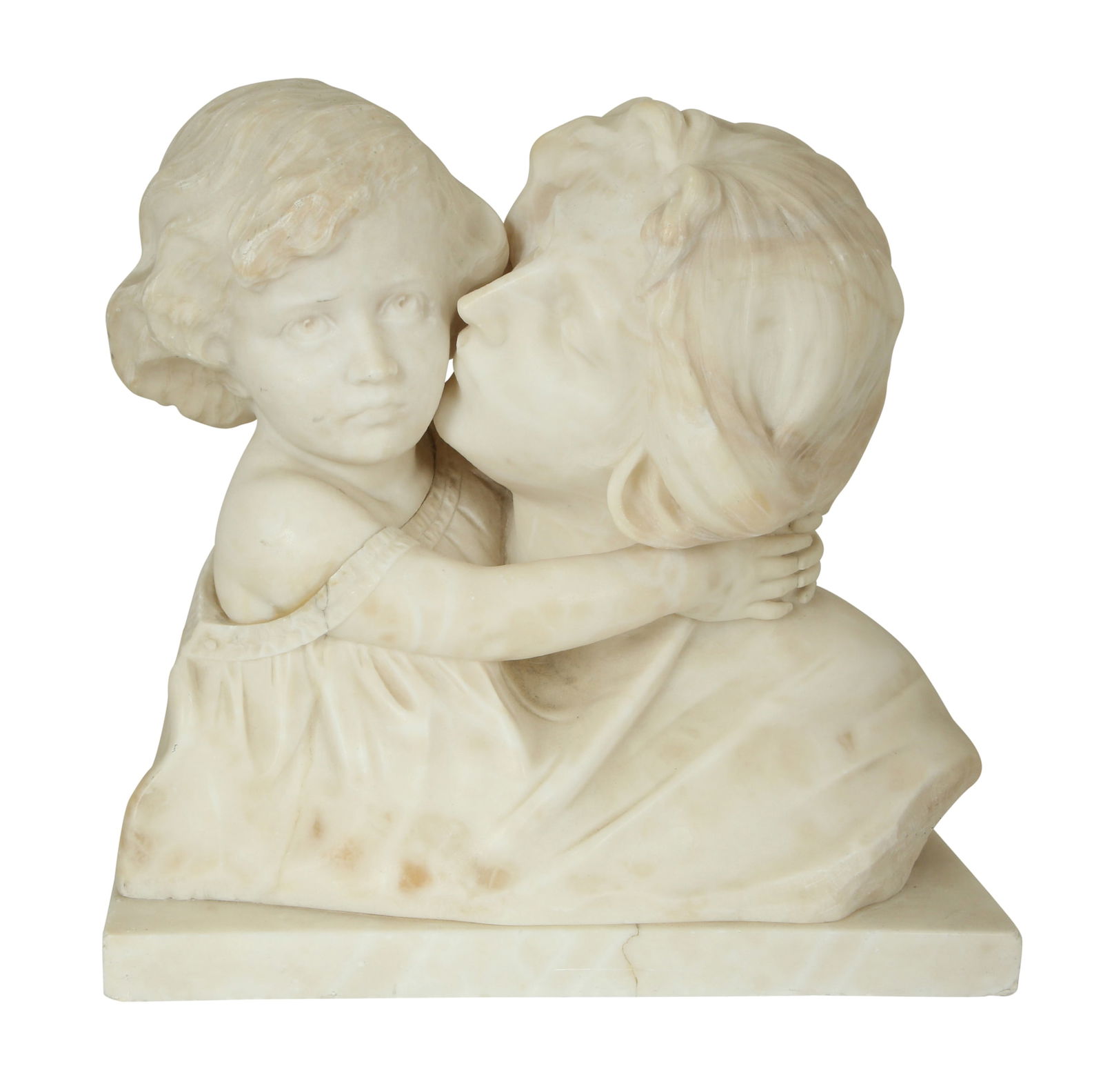GIUSEPPE BESSI (1857-1922) - MOTHER AND DAUGHTER, ITALIAN SCULPTURE: Made of Alabaster. Epicting a mother kissing her daughter. Signed. Height: 33 cm; Width: 33.5 cm. Minor defects.