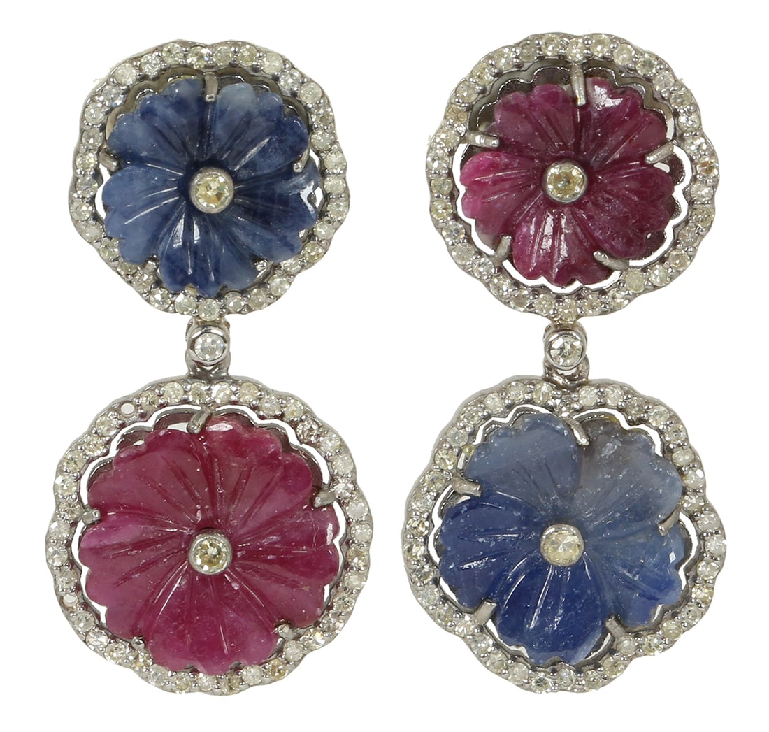 14K GOLD AND SILVER EARRINGS: Flowers design, set with small diamonds in the frames and in their center carved sapphire and ruby and diamond in their center. Length approx. 3.5 cm.