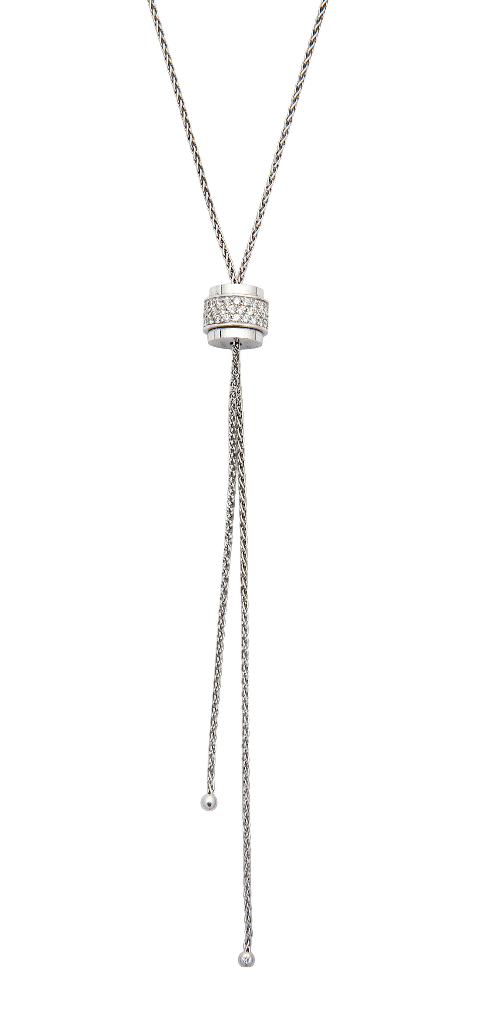 PIGAET 18K WHITE GOLD NECKLACE: Necktie design, tassel element decorated and set with small diamonds. Weight approx. 16 grams.