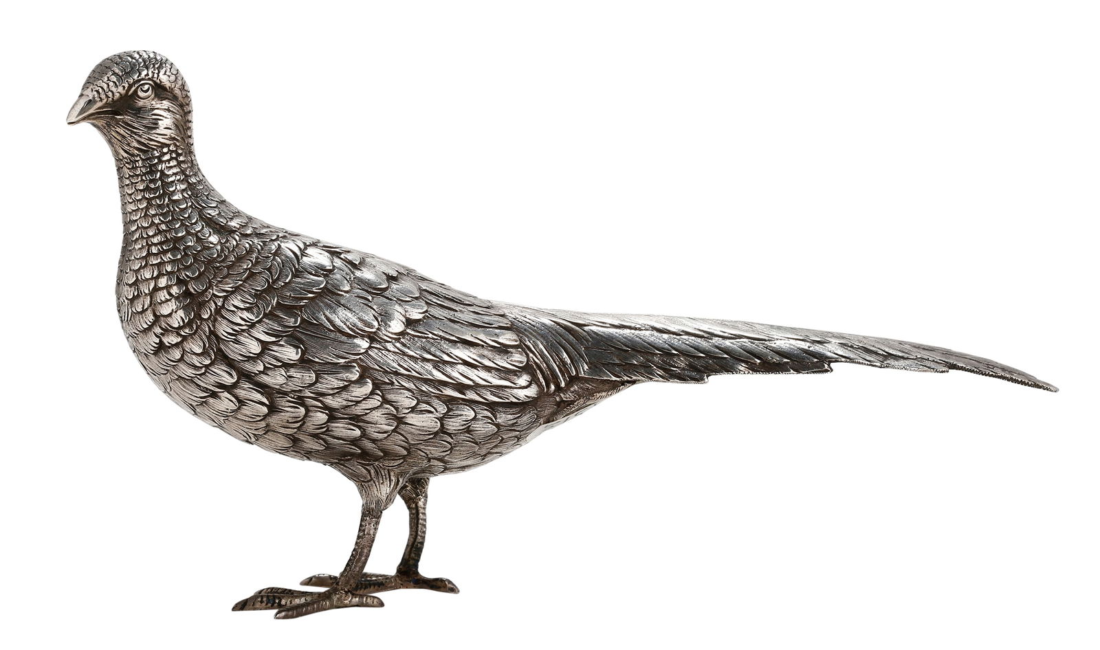 PHEASANT - GERMAN SILVER FIGURINE: Hanau, circa 1900. Signed. Weight: approx. 310.8 grams. Length: 22 cm.